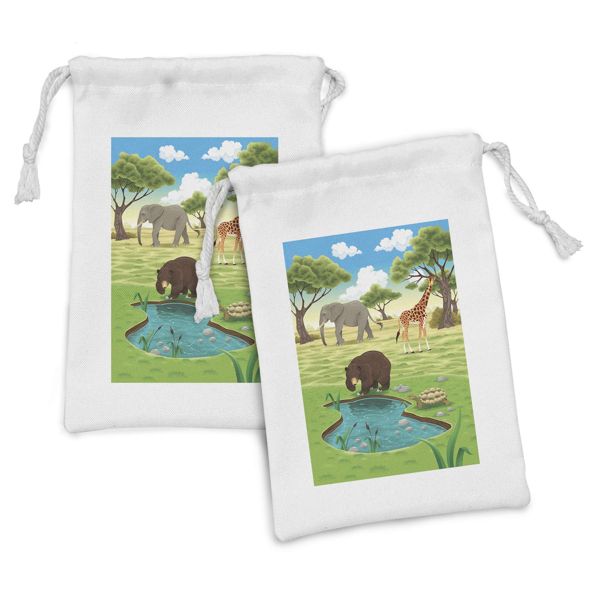 Ambesonne 2-Pack Turtle Fabric Drawstring Pouches - Jungle Bear Giraffe Tree & Pond Print - 9