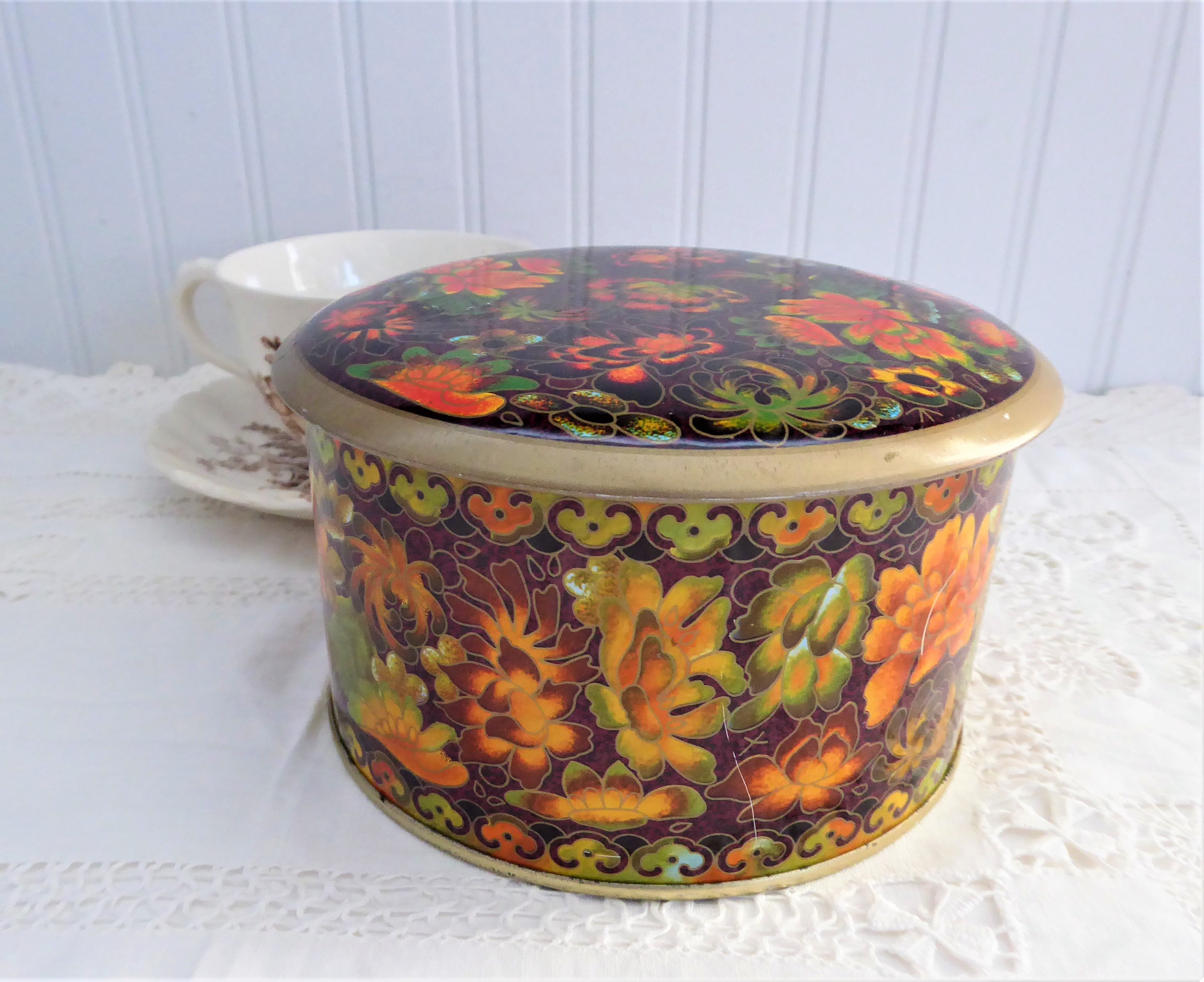 Vintage 1950s English Tea Tin - Daher Tea Caddy with Dark Floral Chintz Design in Fall Colors | Collectible Tea Storage Container for Home Decor, Tea Lovers & Vintage Enthusiasts