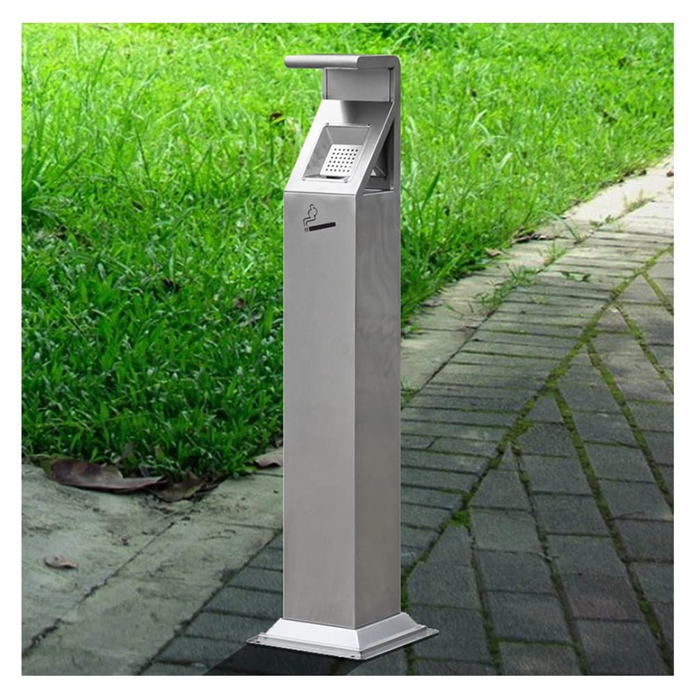 XXIOJUN Outdoor Ashtray - Vertical Cigarette Butt Holder with Lid, Stainless Steel Trash Bin for Cigarette Waste (29x29x117cm, Silver) - Perfect for Garden, Patio, Shopping Mall & Hotel Outdoor Smoking Areas