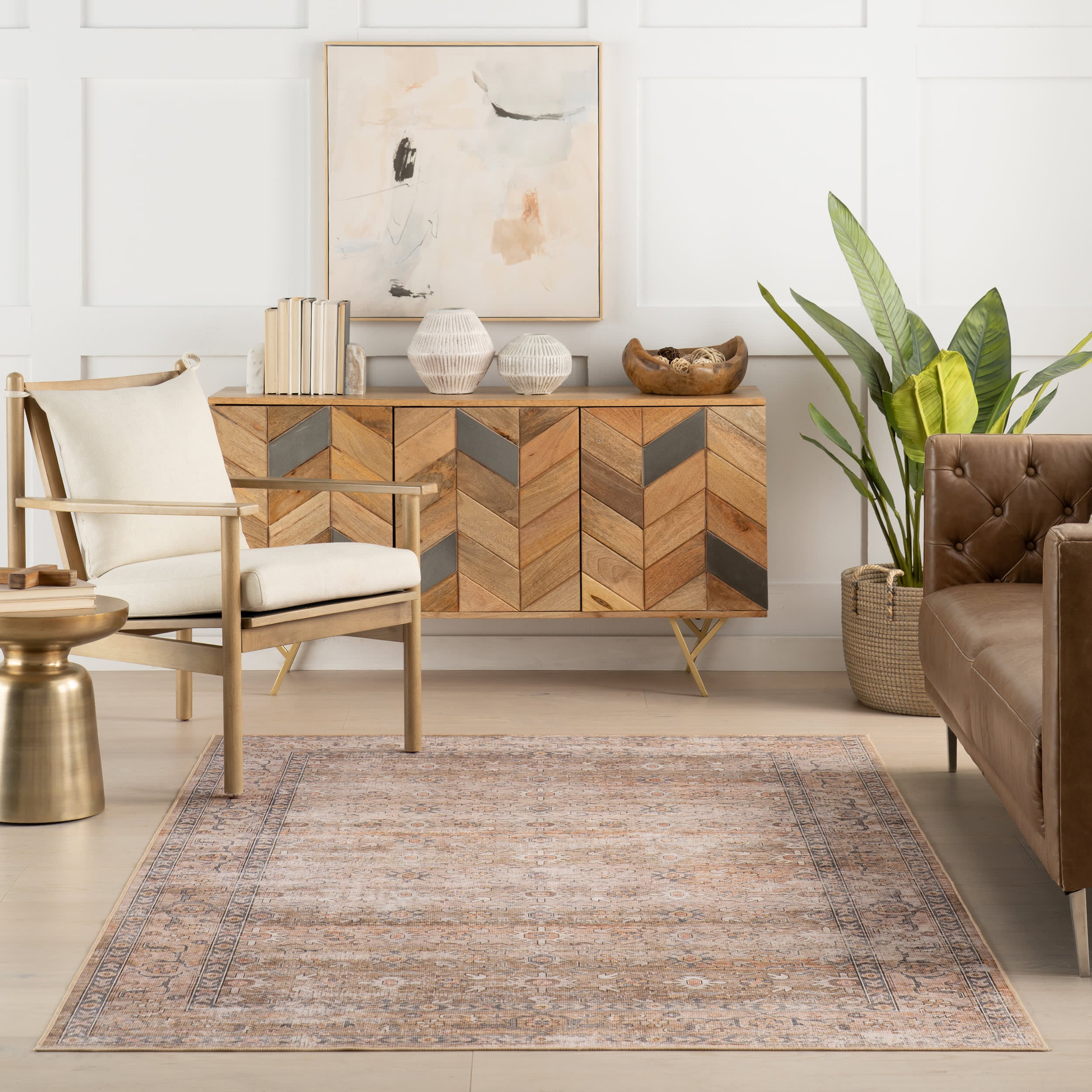 Vintage Myrtle Spill-Proof Washable Area Rug in Taupe - Perfect for Living Room, Bedroom & High-Traffic Areas