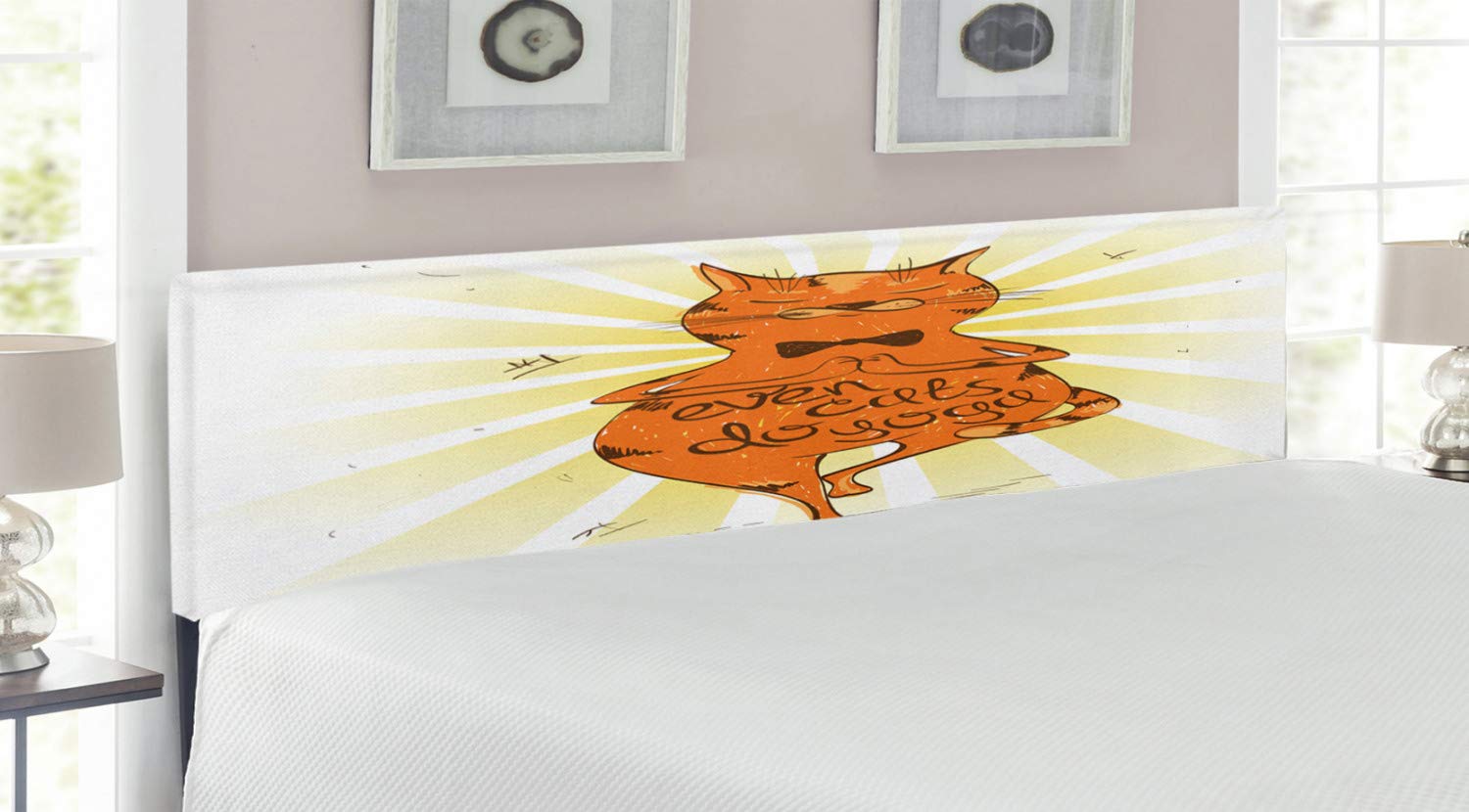 Ambesonne King Size Upholstered Metal Bed Headboard with Memory Foam - Yoga Cat Design Featuring 'Asana Balance' Phrase in Orange Yellow Brown | Perfect for Meditation Rooms, Yoga Studios & Boho Bedroom Decor
