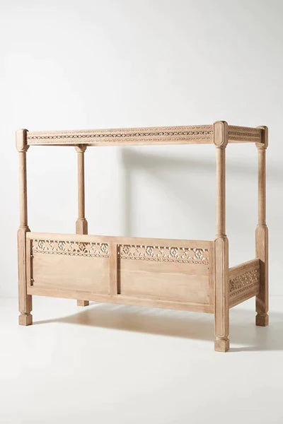 Hand Carved Canopy Style Solid Wooden Daybed - Rustic Wood Bed Frame for Patio, Porch, or Bedroom - Perfect for Outdoor Lounging & Indoor Relaxation