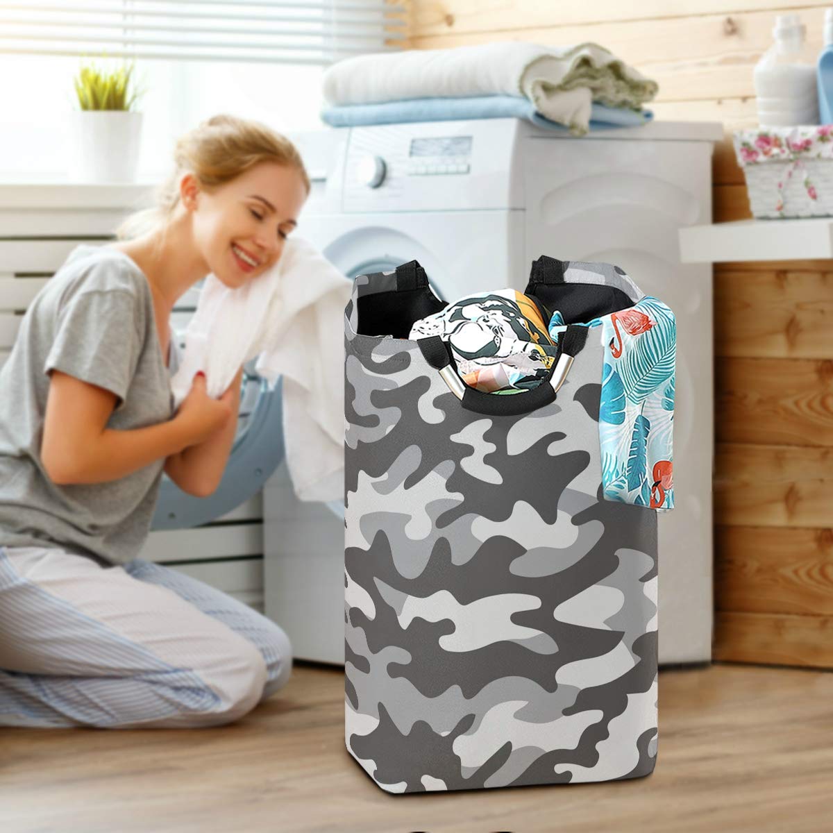 Foldable Large Camo Laundry Basket - Soldier Grey Hamper for Dirty Clothes, Picnic & Toy Storage | Portable Organizer for Home, Dorm & Travel