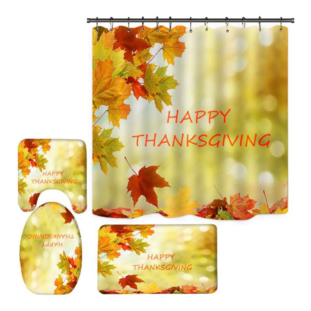 4-Piece Happy Thanksgiving Shower Curtain Set with Non-Slip Rug, Toilet Cover & Bath Mat | Maple Leaf Design with 12 Hooks | Christmas Bathroom Decor for Holiday Home Decor & Family Gatherings