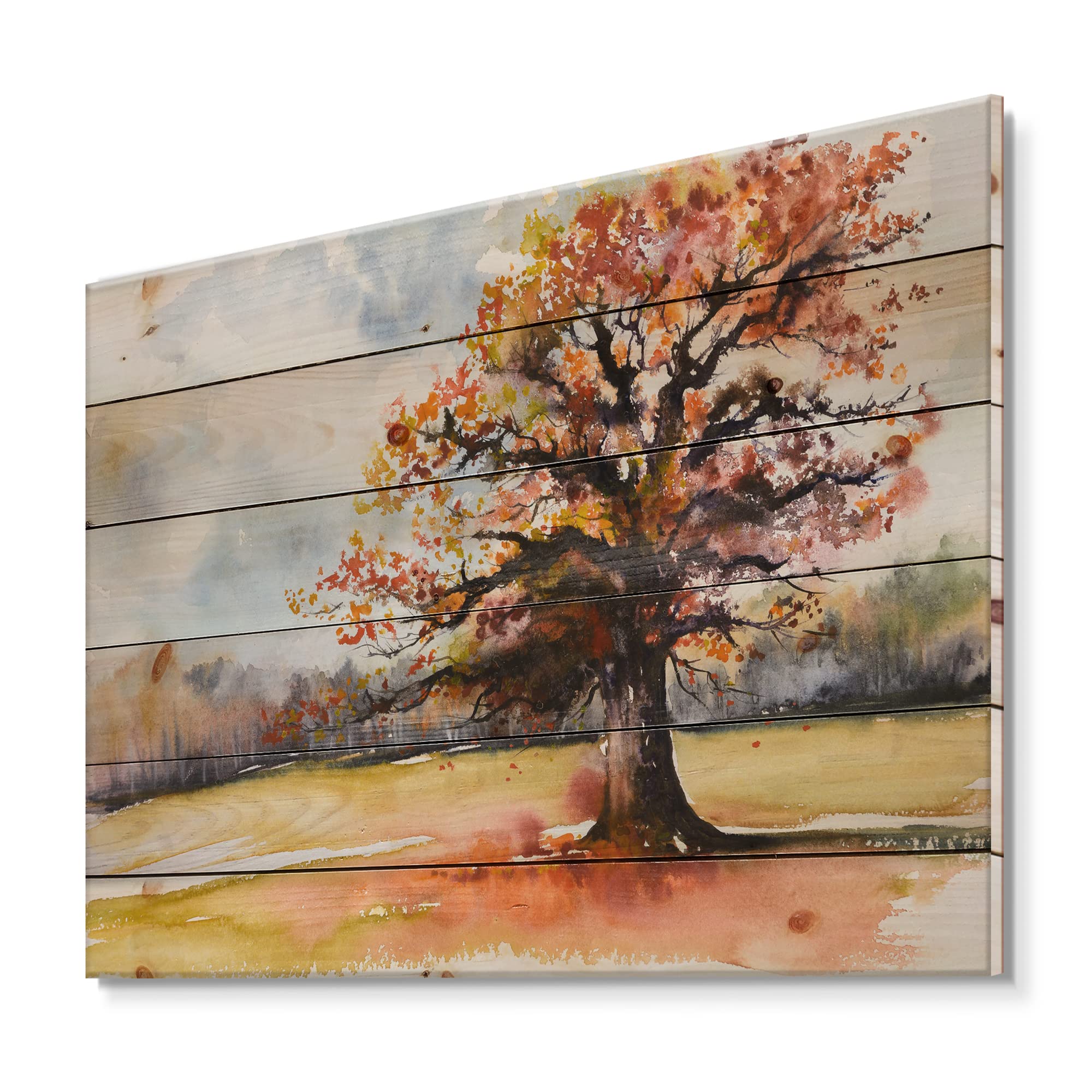 Lone Oak in the Fields with Autumn Leaves - Traditional Wood Wall Art Decor, Orange Landscape Wood Panel, Large Pine Wood Wall Hanging for Living Room, Bedroom & Office Decor
