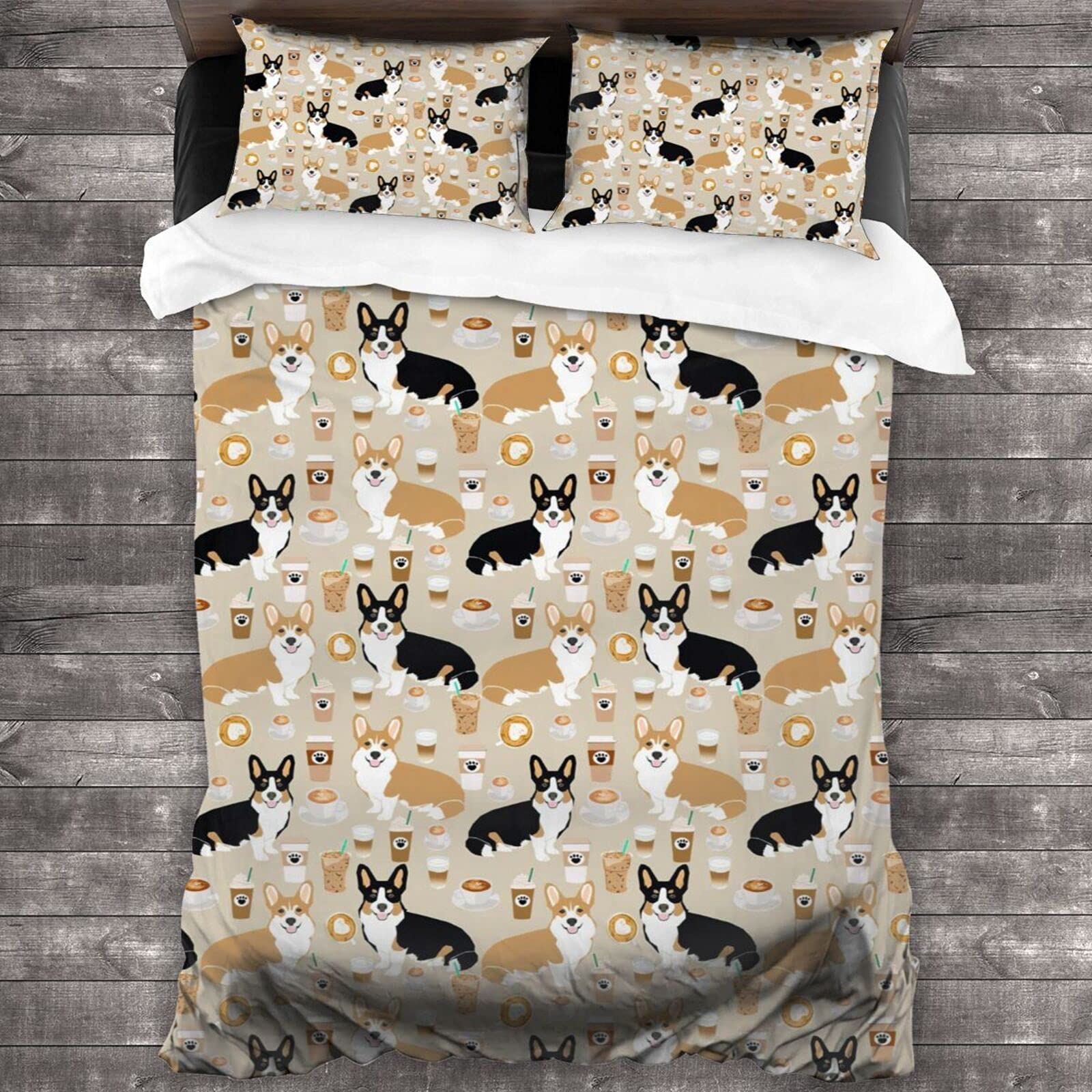 Welsh Corgi Tri-Color Coffee Lover Dog Print 3-Piece Duvet Cover Set - Soft Twin Size Bedding for Boys, Girls & Adults (No Comforter Included) | Perfect for Pet Lovers' Bedroom & Cafe-Themed Home Decor