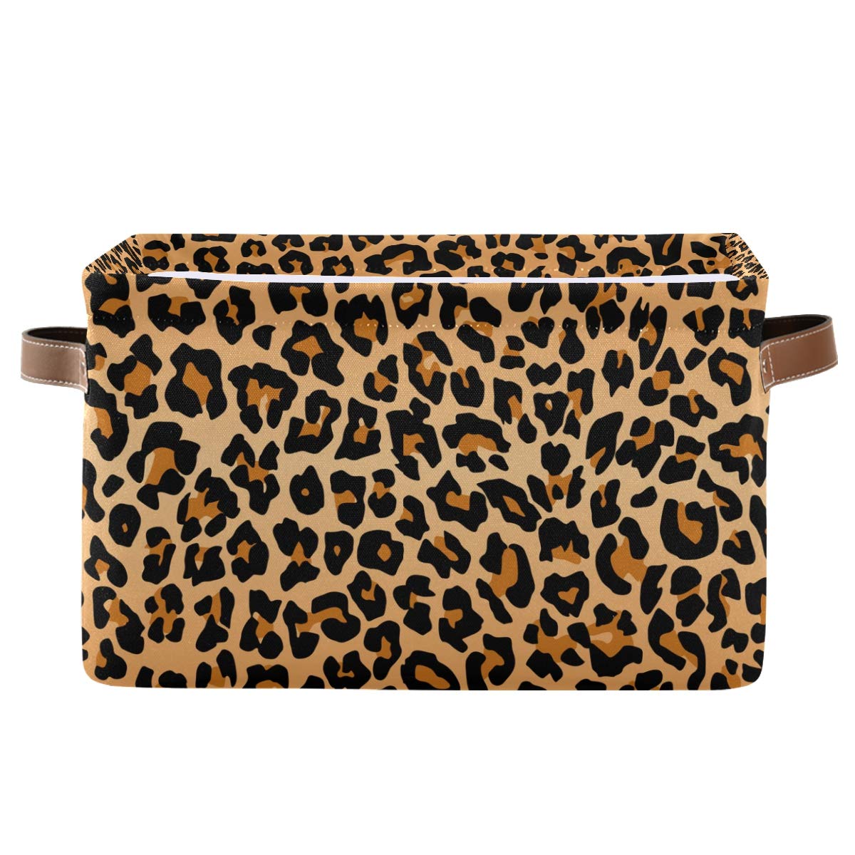 AGONA Large Foldable Storage Bin - Orange Black Leopard Print Fabric Basket with Leather Handles | Collapsible Decorative Storage Organizer for Closet, Bedroom, Nursery & Home Organization (1 Pack) - Perfect for Toy Storage, Laundry Sorting & Seasonal Decor