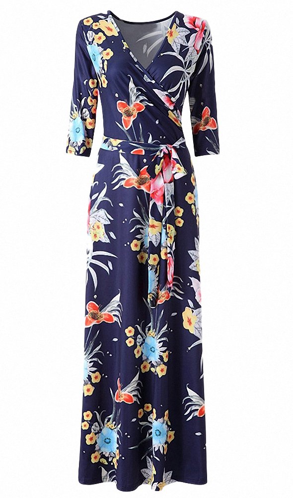 Afibi Women's Bohemian 3/4 Sleeve Faux Wrap Maxi Dress with Belt - Flowy Summer Beach Dress for Vacation, Date Night & Casual Outings