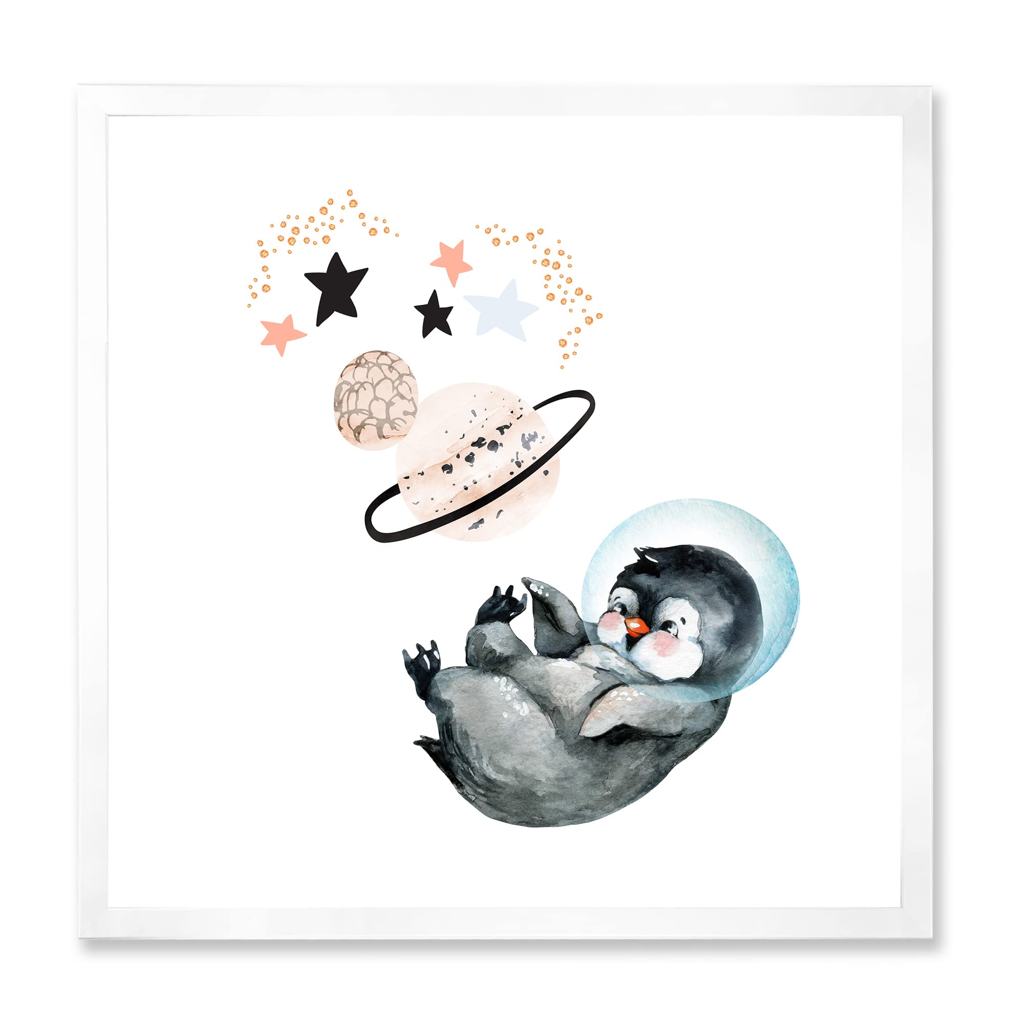 DesignQ Little Penguin with Stars and Planets - Farmhouse Style Framed Wall Art Decor for Nursery, Kids Room & Living Room