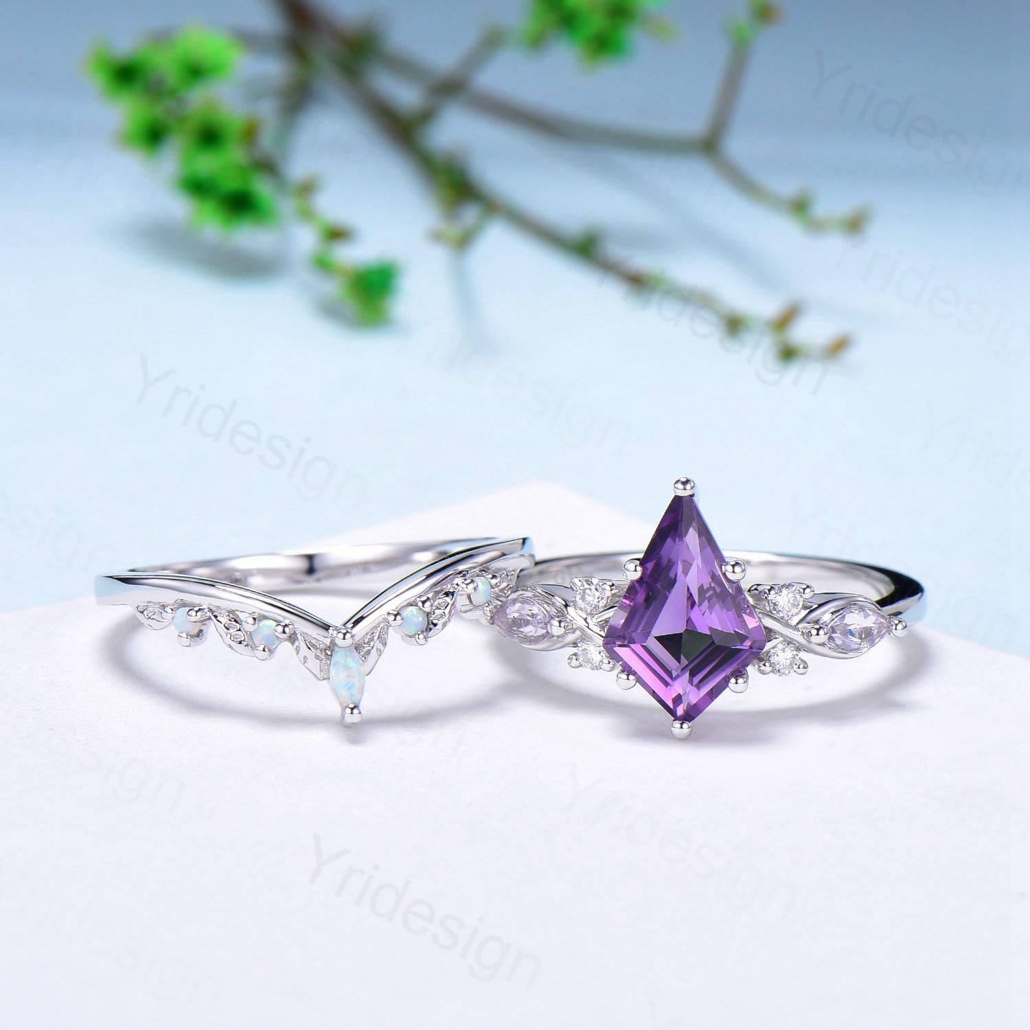 1.5CT Kite Cut Amethyst Ring Set for Women - Marquise Lavender Amethyst Engagement & Wedding Ring with Opal Leaf Stacking Band - Birthstone Jewelry for Anniversary, Valentine's Day Gift