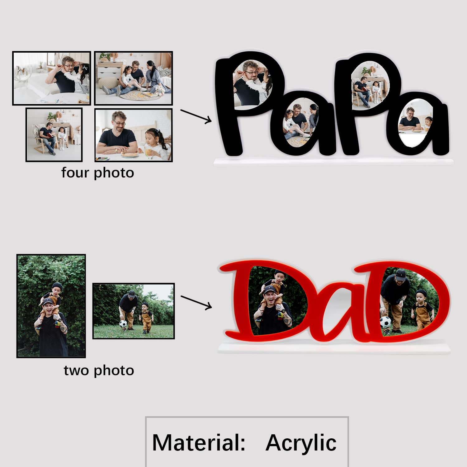 Custom Personalized Acrylic Picture Frame for Dad - Unique PaPa & DaD Shape Desktop Photo Frame - Perfect Father's Day & Birthday Gift from Son or Daughter - Ideal for Home, Office Desk Decor & Sentimental Keepsakes