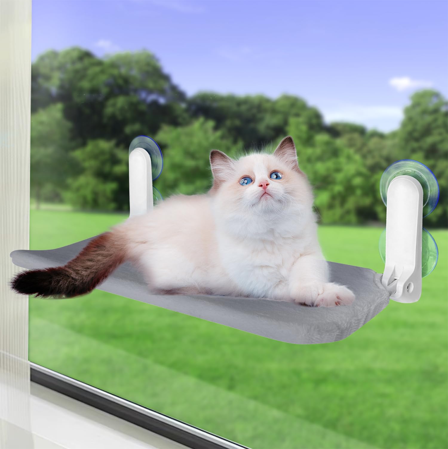 Cat Window Perch - Sturdy Cordless Cat Hammock with 4 Strong Suction Cups & 2 Metal Frames, Reversible Soft Pet Bed, Foldable Indoor Cat Perch for Kittens & Cats - Perfect for Sunny Windows, Apartment Living & Cat Napping