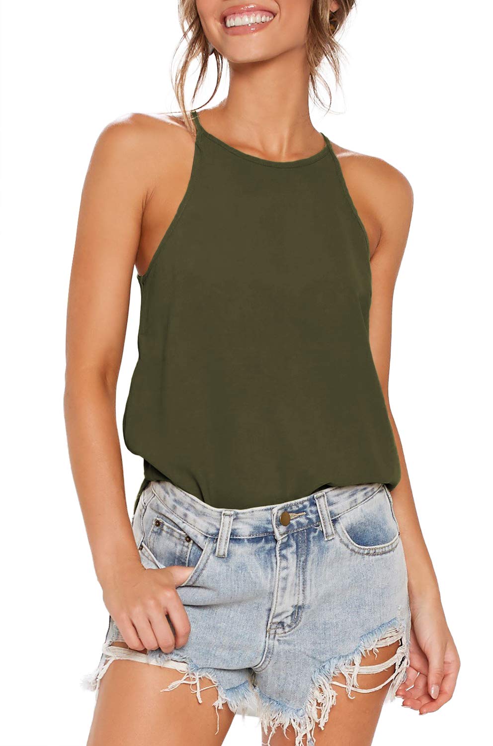 THANTH Women's Halter Tops - Sleeveless Summer Strap Tank Tops with High Neck, Casual Cami Tee for Beach, Vacation & Everyday Wear
