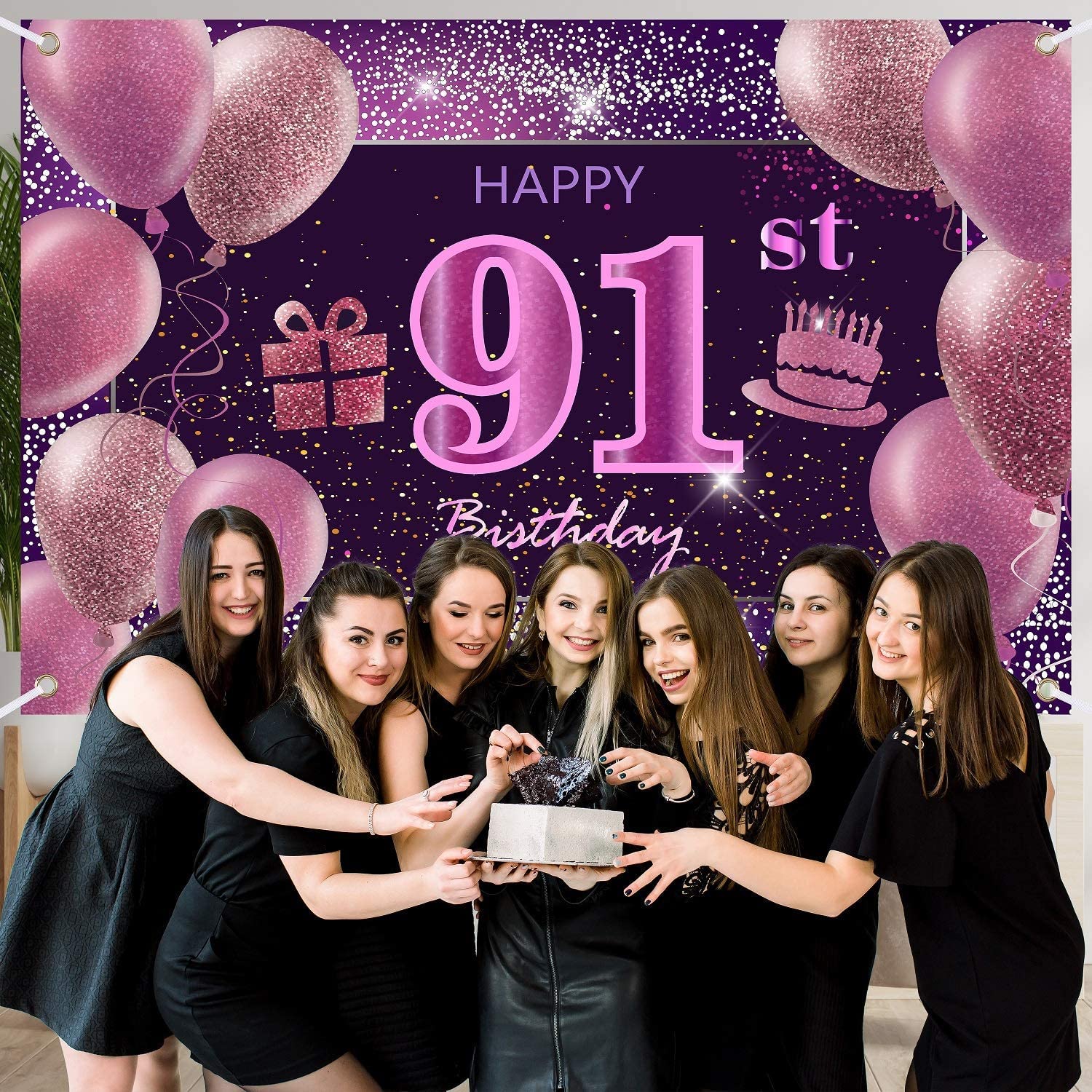 91st Birthday Decorations for Women - Pink Happy Birthday Banner & Party Backdrop - Perfect for Milestone Celebrations, Photo Booths & Themed Parties