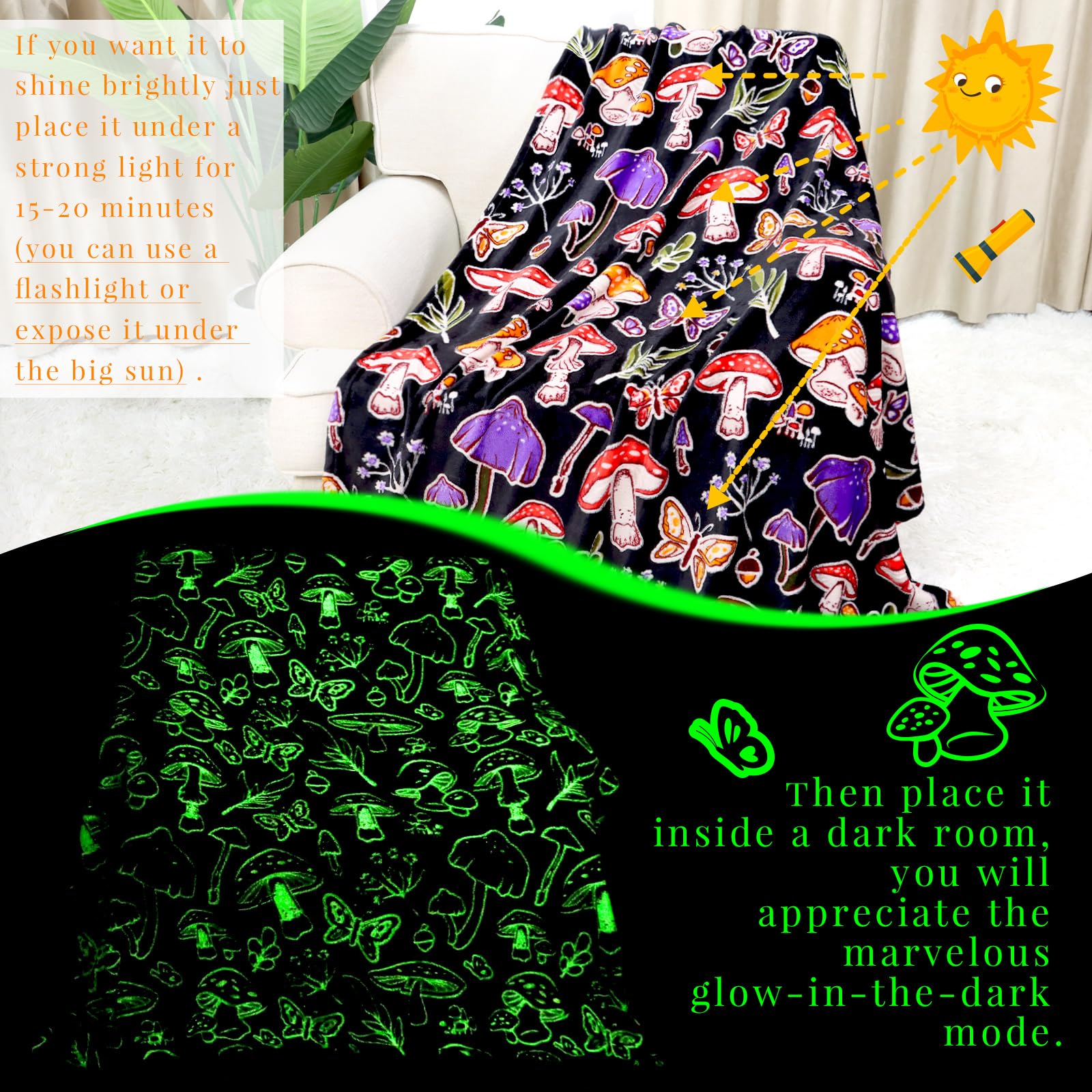 Glow in The Dark Mushroom Blanket - Soft & Warm 50