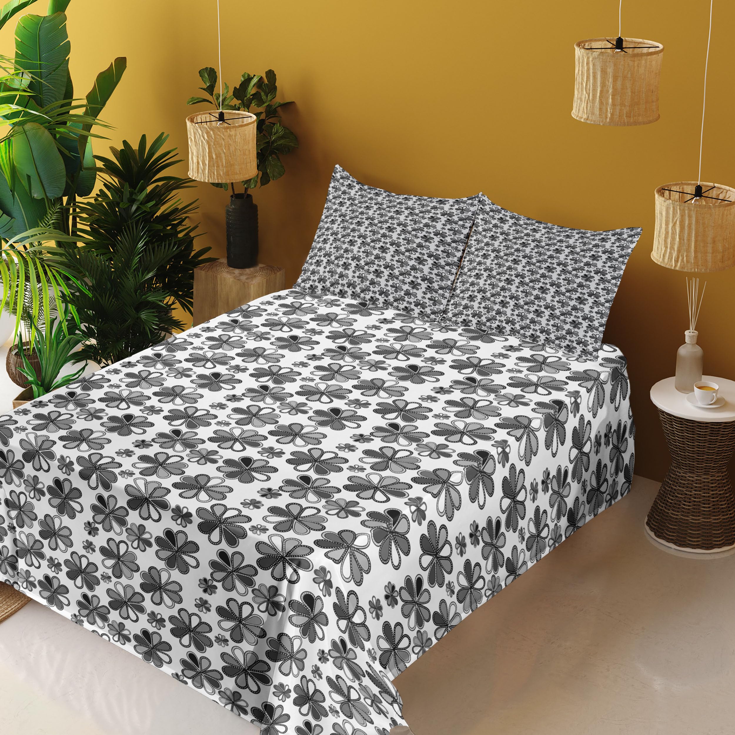 Ambesonne Floral Sheet Set - Grey Dark Grey King Size 4-Piece Bedding with Retro Petals Doodle Design | Fitted Sheet, Flat Sheet & Pillowcases | Perfect for Master Bedroom, Guest Room & Cozy Home Decor