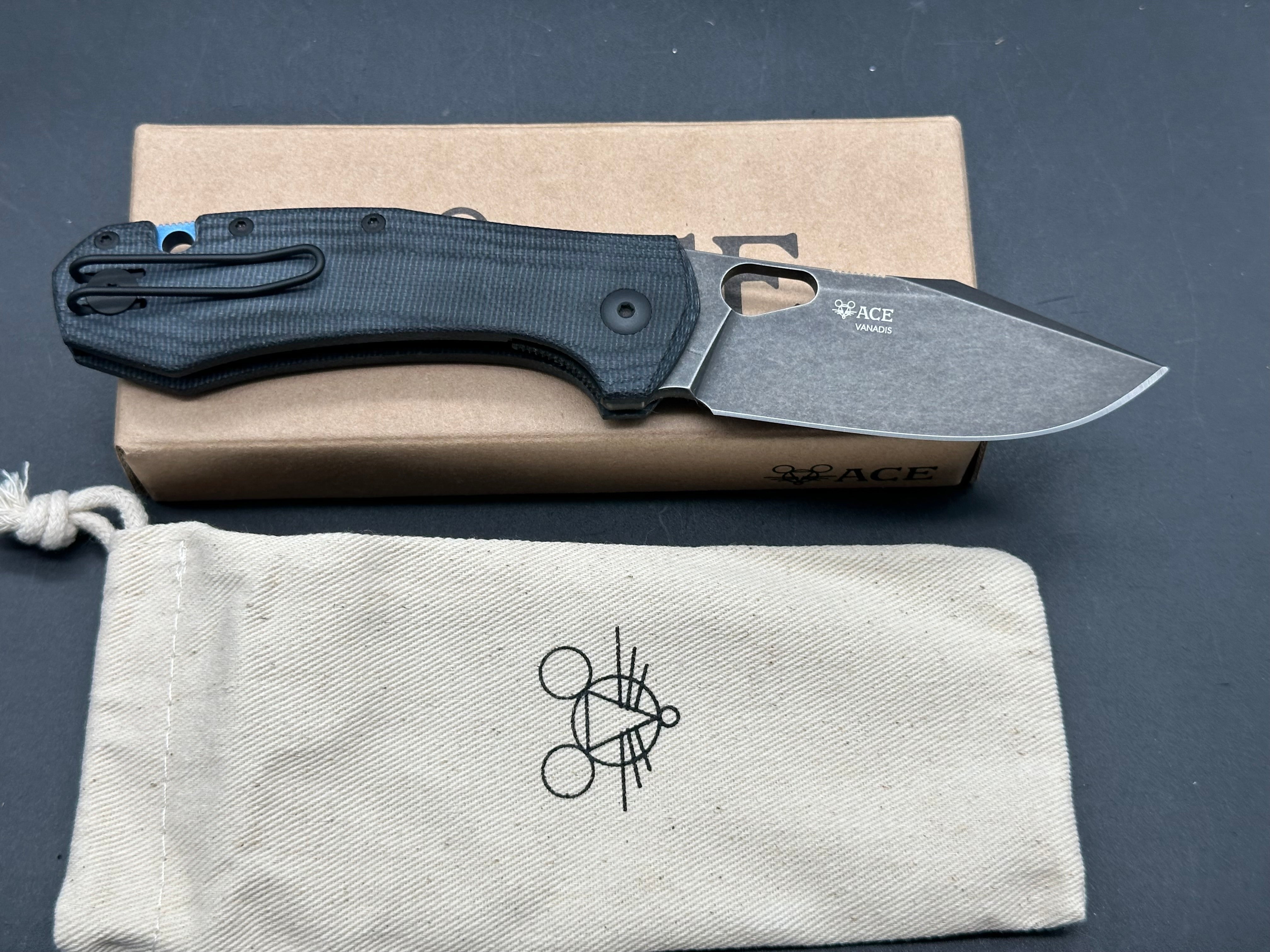 GiantMouse Ace Atelier Blackout #164/300 - Limited Edition Black Stonewashed PVD Vanadis 4E Blade & Black Canvas Micarta Handles - Premium EDC Folding Knife for Outdoor, Camping & Everyday Carry
