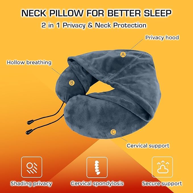 BigPlayer Hooded Travel Neck Pillow - Ergonomic Memory Foam Cervical Support Pillow for Neck Pain Relief & Comfort - Perfect for Airplane, Car & Train Travel - Soft & Washable Cover - Ideal for Men & Women on Long Flights, Road Trips & Commuting