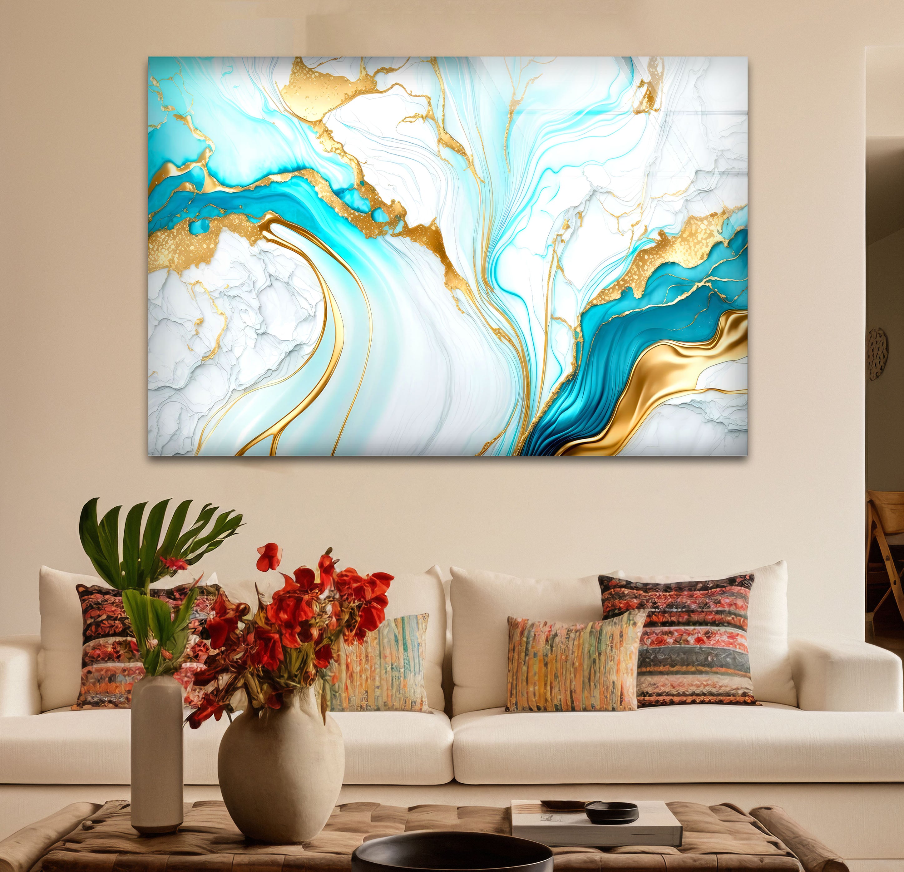 Blue and Gold Marble Wall Art - Elegant Abstract Fluid Glass Print for Living Room, Bedroom & Office Decor | Modern Home Wall Decorations