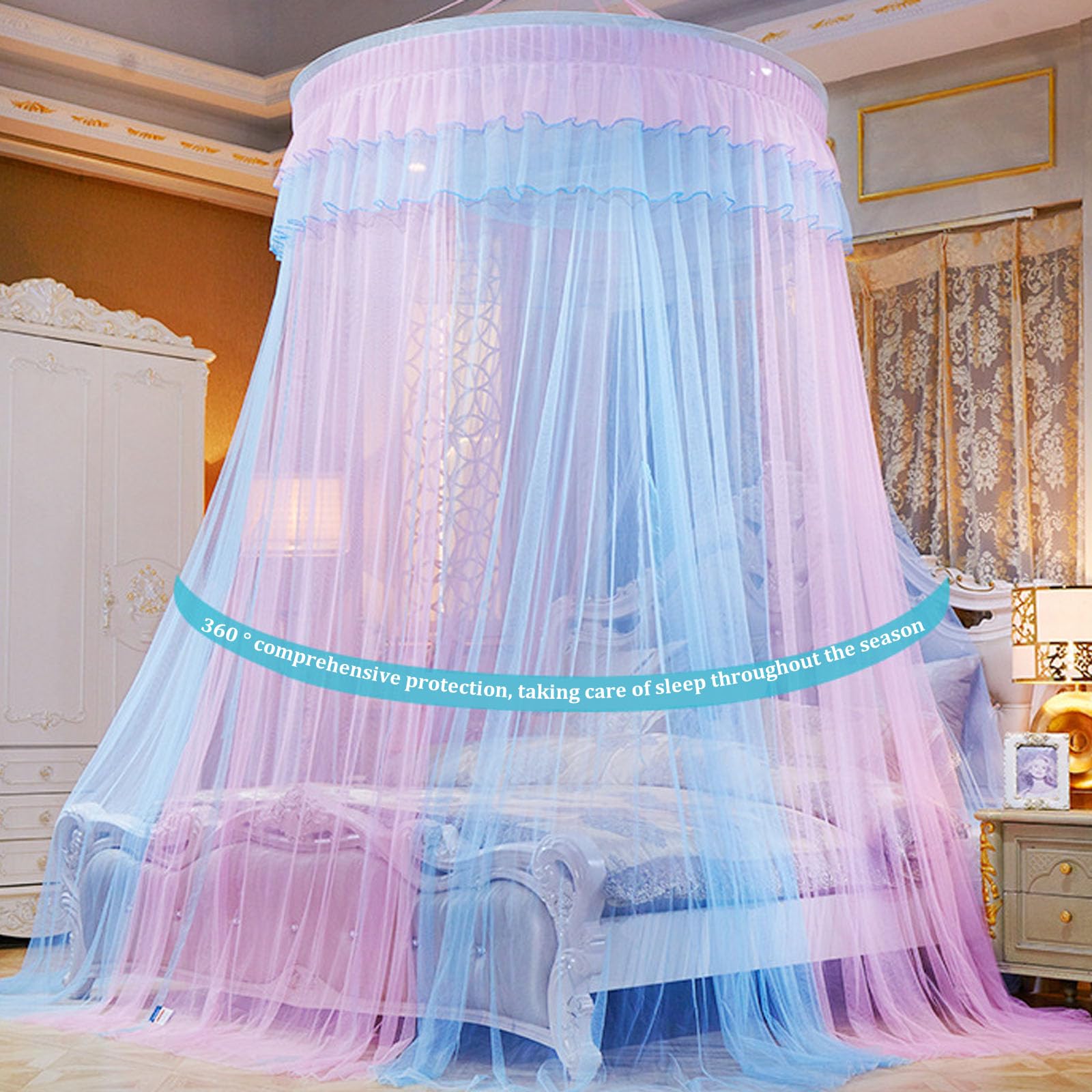 Blackout Bed Canopy Curtains with Mosquito Net - Gray Jade 71 Inch, Easy Install Suspended Dome Bed Drapes for Bedroom Decor & Privacy - Perfect for Nursery, Dorm, or Master Suite