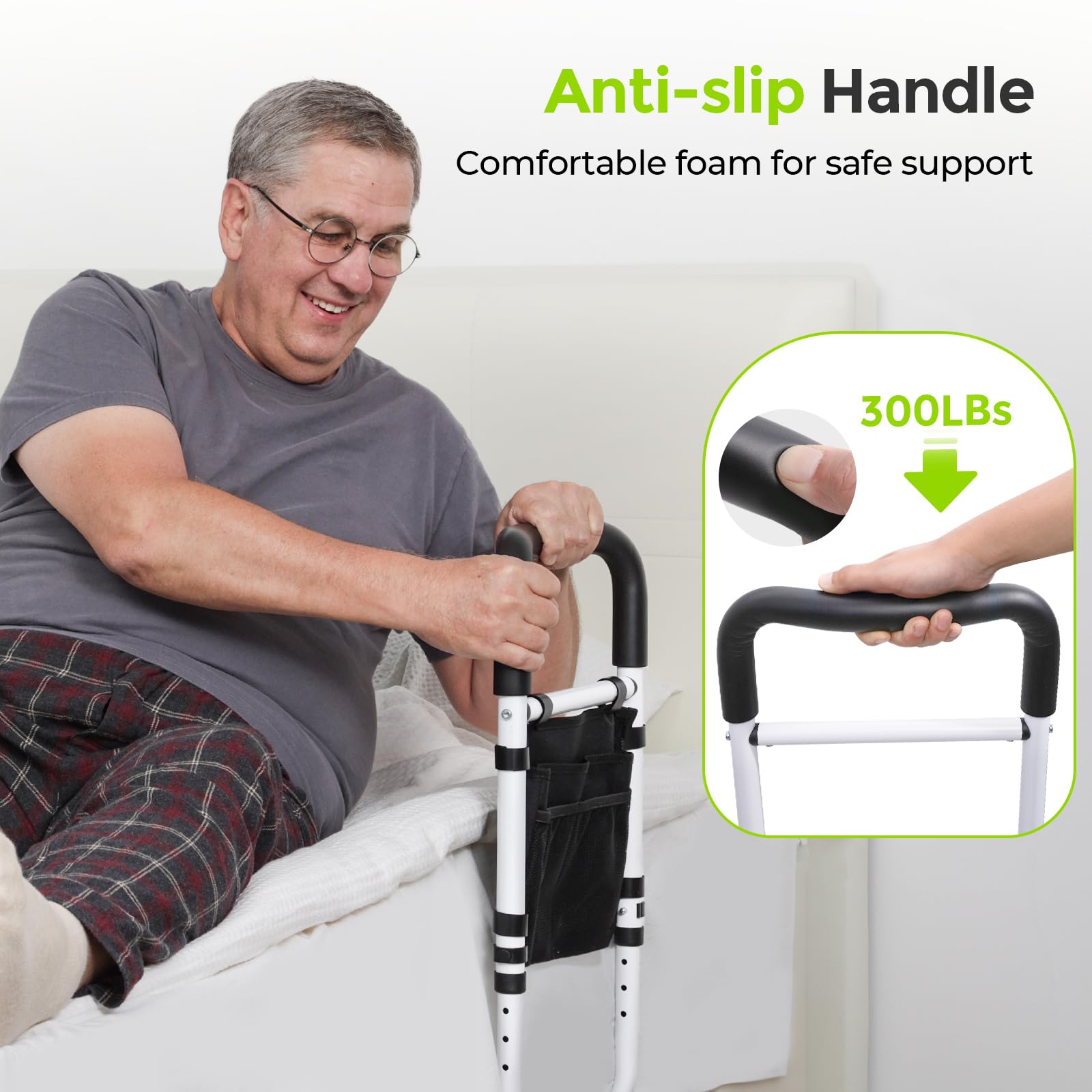 AUVON Adjustable Bed Rails for Elderly Adults - Heavy Duty Safety Bed Assist Rail with Double Crossbeam & Storage Pocket - High Support Bed Guard for Seniors to Get In/Out of Bed Safely - Ideal for Home Care, Hospital Use & Mobility Assistance