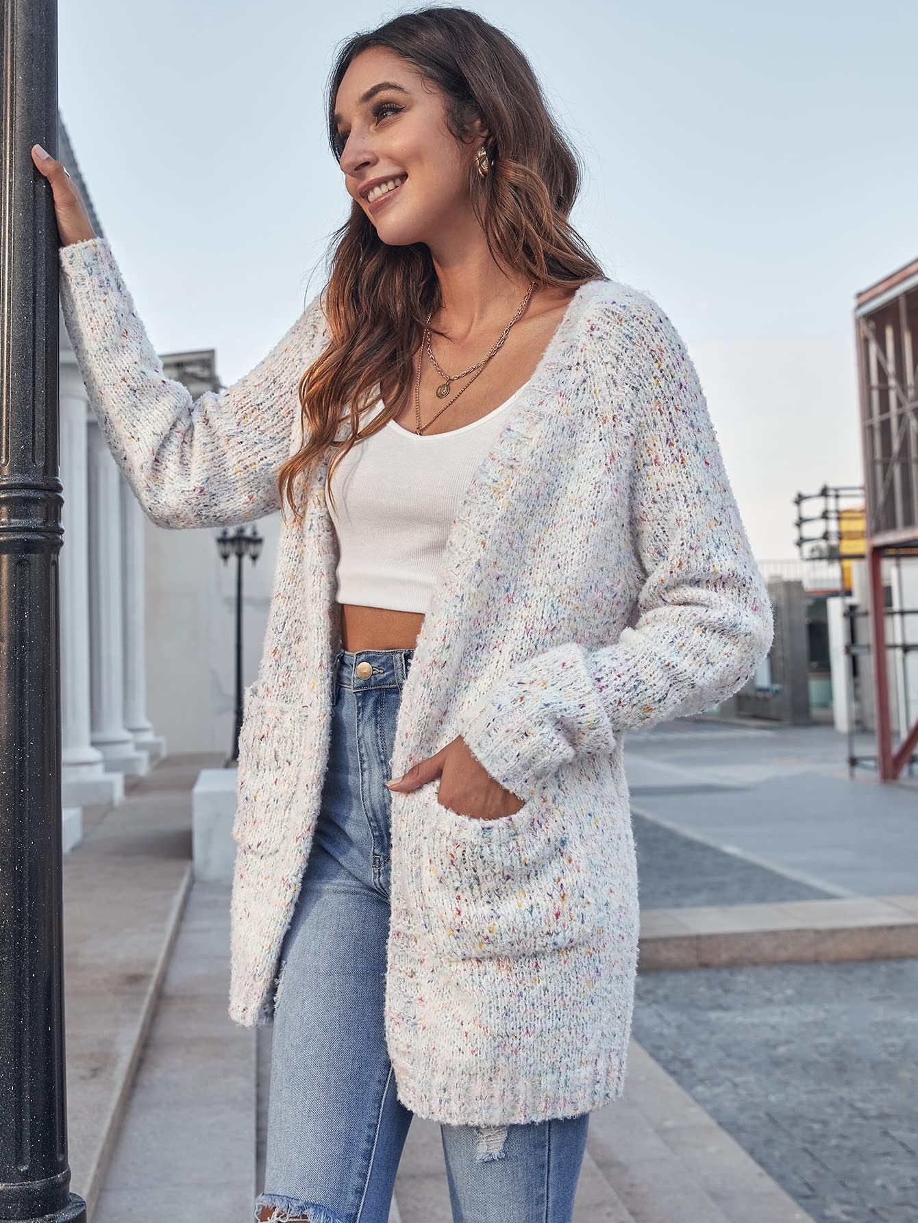 2022 Women's Autumn Winter Cardigan - Raglan Sleeve Double Pocket Flecked Knit Coat, Lightweight Soft Warm Sweater for Office, Travel & Casual Outfits