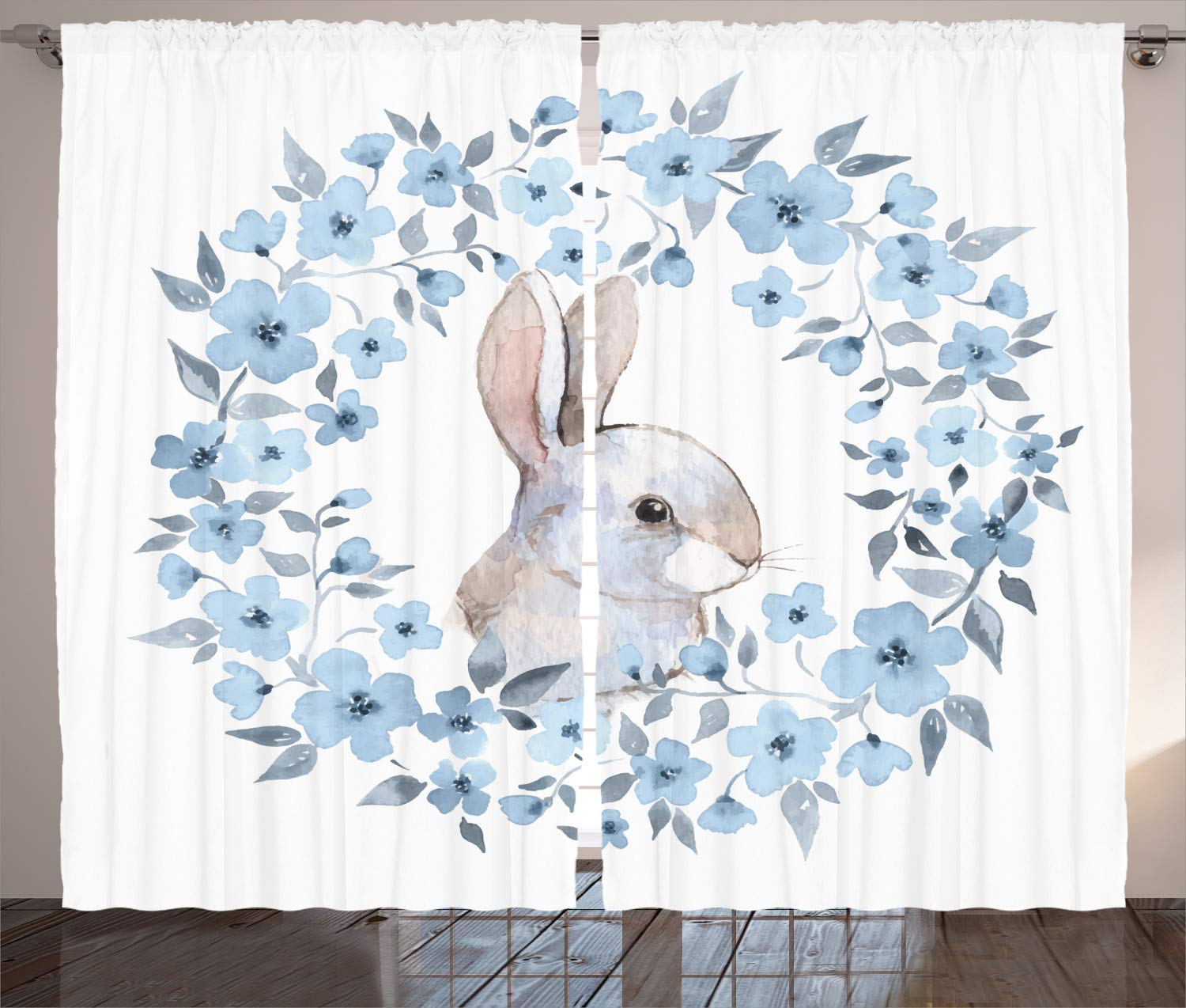 Ambesonne Watercolor Floral Curtains with Bunny Rabbit Portrait in Wreath - Country Style Window Drapes for Living Room & Bedroom - 2 Panel Set 108
