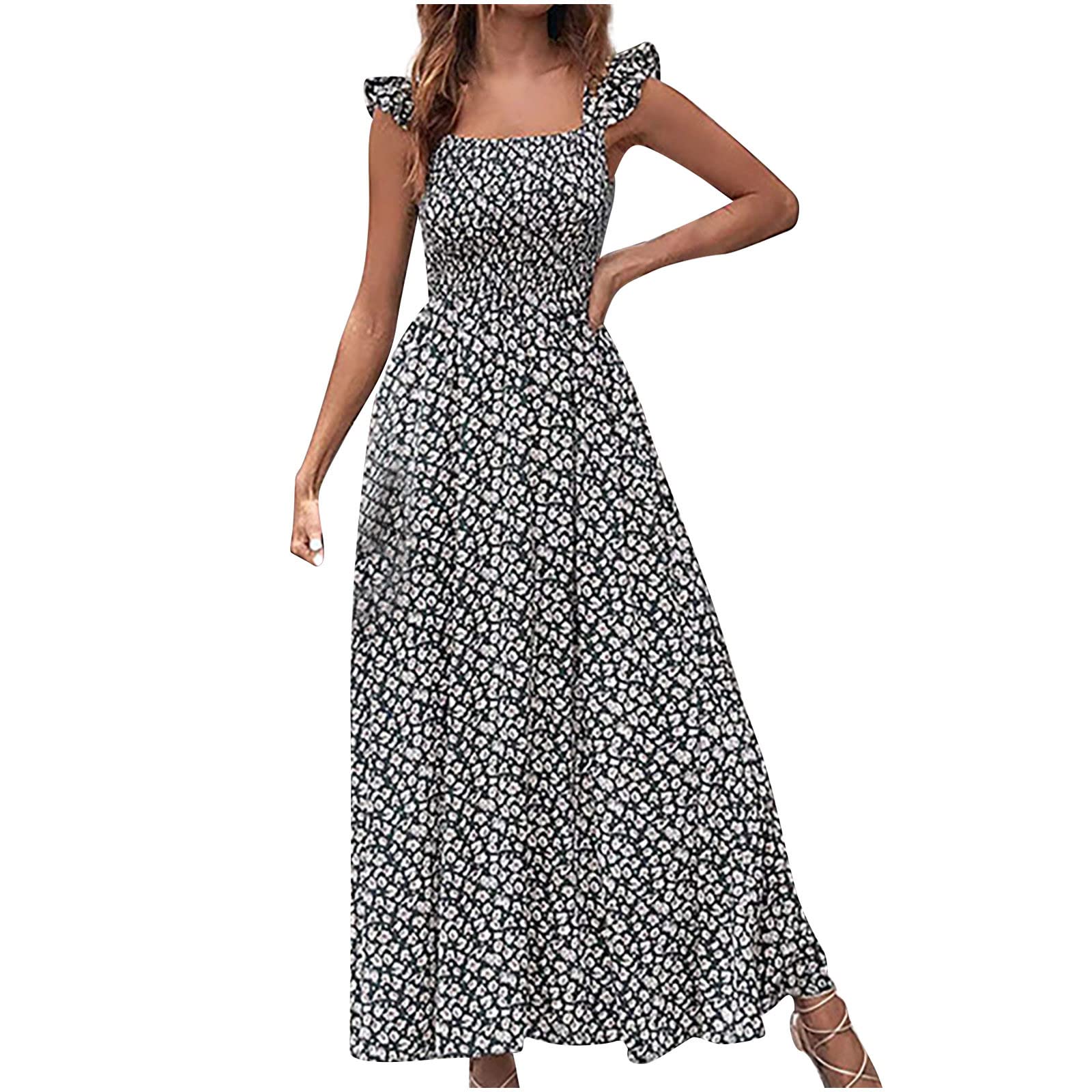 Women's Summer Dresses 2022 - Square Neck Casual Sleeveless Printed Long Dress with Breton Stripes | Perfect for Beach Vacation, Outdoor Parties & Summer Getaways