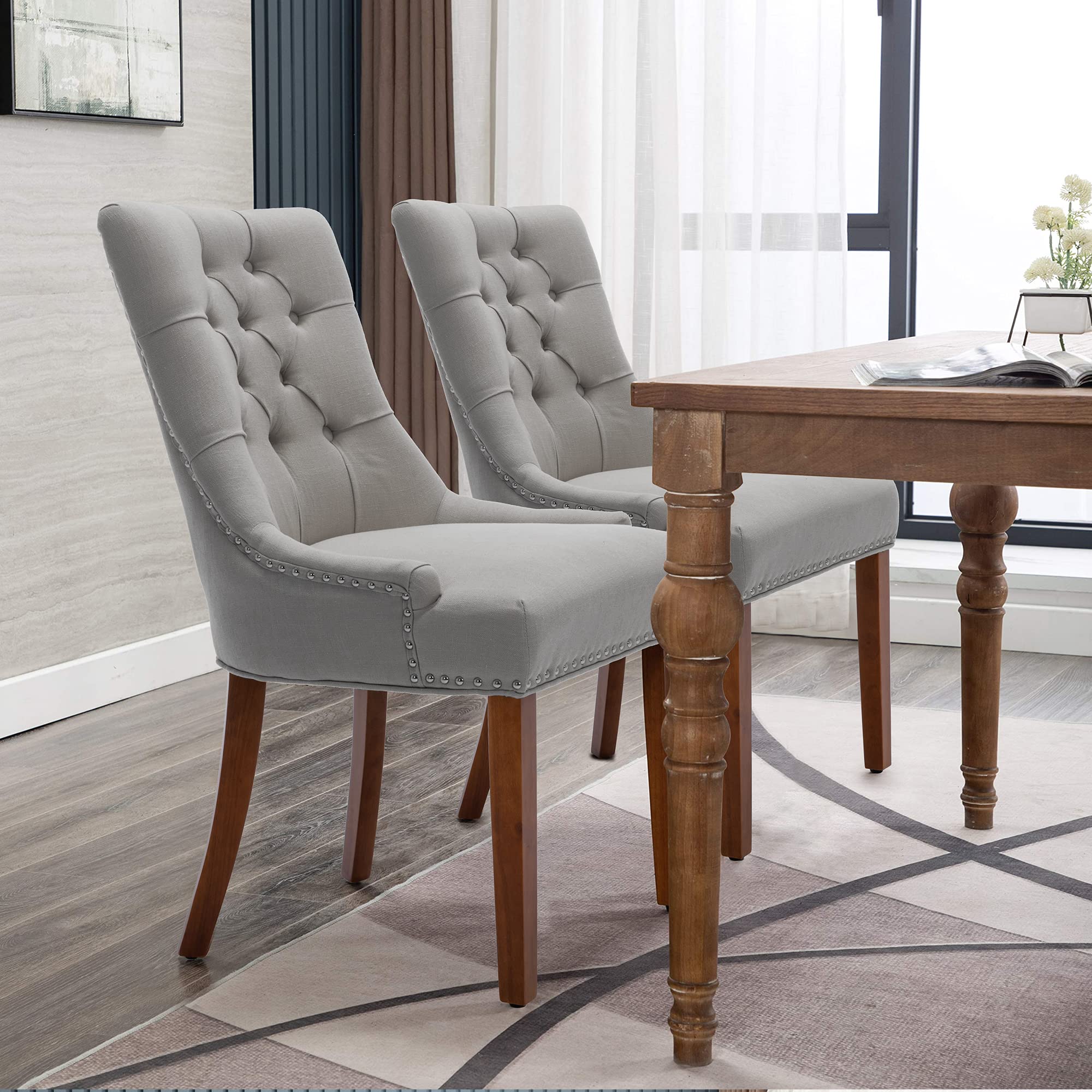 Set of 2 Modern Fabric Dining Chairs - Comfortable Upholstered Kitchen Chairs with Steel Pull Ring & Brown Rubber Wood Legs, Grey - Perfect for Dining Room, Kitchen, Breakfast Nook & Small Spaces