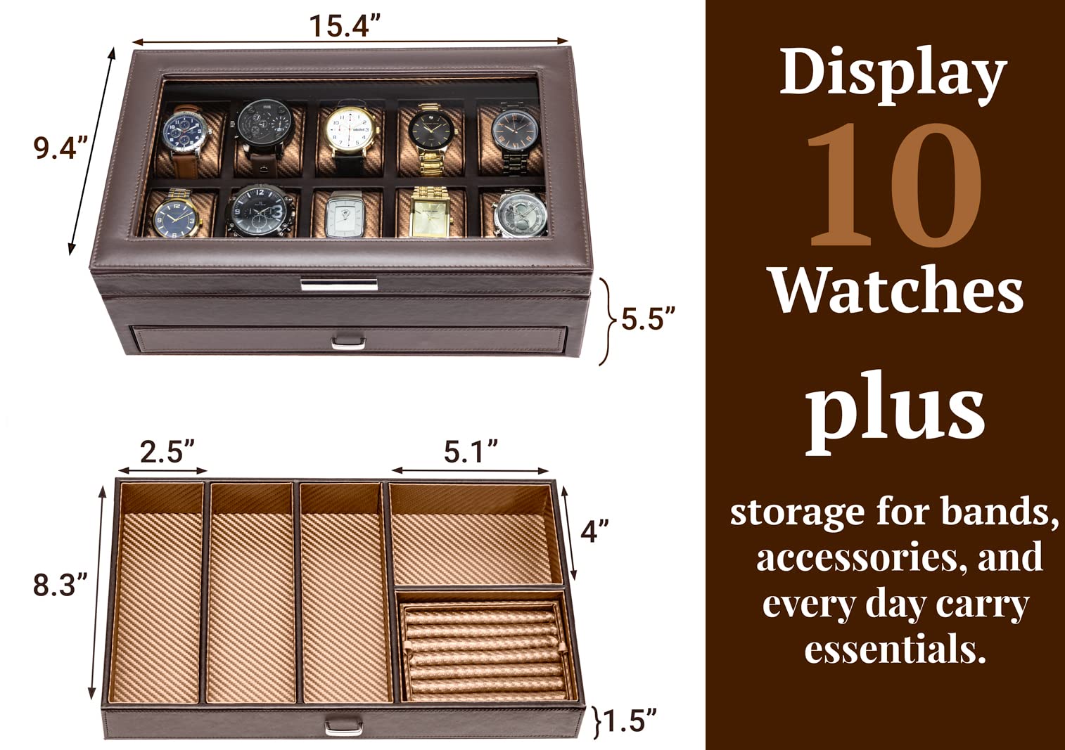 HOUNDSBAY Luxury Yacht Watch Box Organizer with Drawer, Ring Tray & Glass Lid - Wooden Jewelry Storage Case for Men | Perfect EDC Display Case & Elegant Gift for Watch Collectors | Ideal for Home, Office, or Travel Use