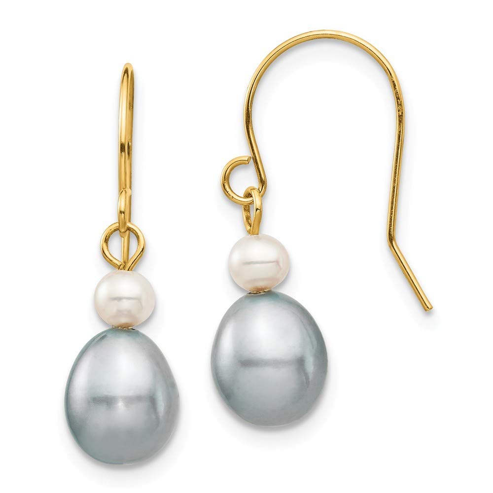 14K Gold 4-7mm White Grey Round Rice Freshwater Cultured Pearl Dangle Earrings, 25mm Long Elegant Jewelry Gift for Women - Perfect for Weddings, Parties & Special Occasions