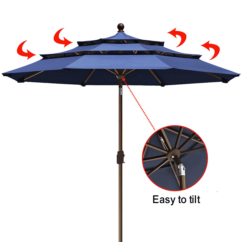 EliteShade USA 10-Year Fade-Resistant 9Ft 3-Tier Patio Umbrella with Ventilation - Navy Blue Outdoor Market Umbrella for Dining Table, Poolside, and Beach Use
