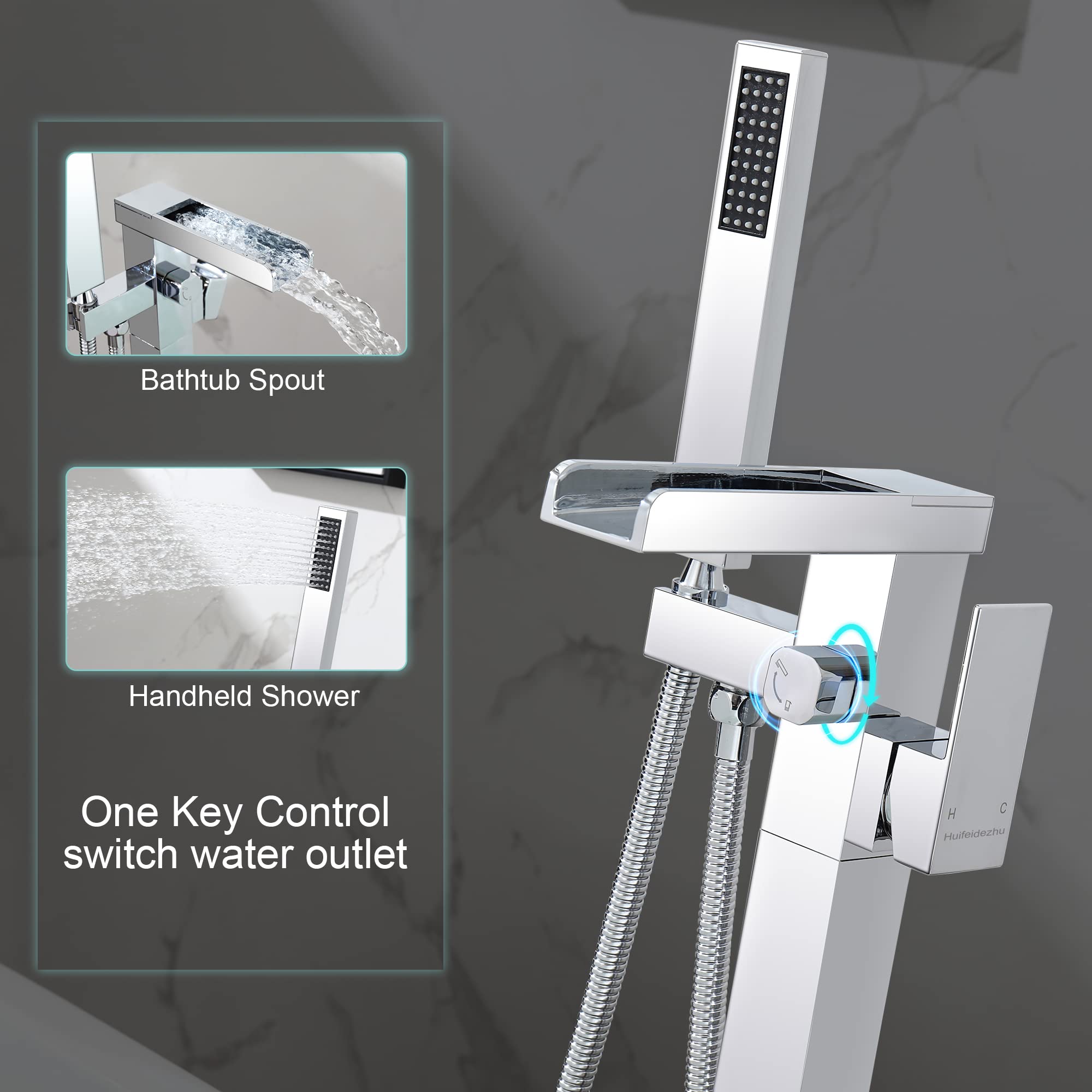 Freestanding Bathtub Faucet with Hand Shower - Chrome Floor Mount Tub Filler with Handheld Sprayer - Solid Brass Single Handle Bathroom Faucet Set for Luxury Soaking Tubs - Perfect for Modern Spa Bathrooms and Master Suite Renovations