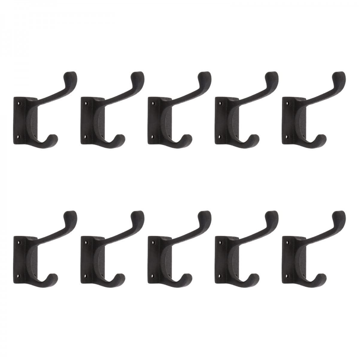 Black Wrought Iron Double Coat Hooks - 4 Inch Rustic Wall Mounted Robe Hooks for Entryway, Hat & Jacket Hanger - Includes Complete Mounting Hardware (Pack of 10) - Perfect for Home, Office, Closet & Bathroom Organization