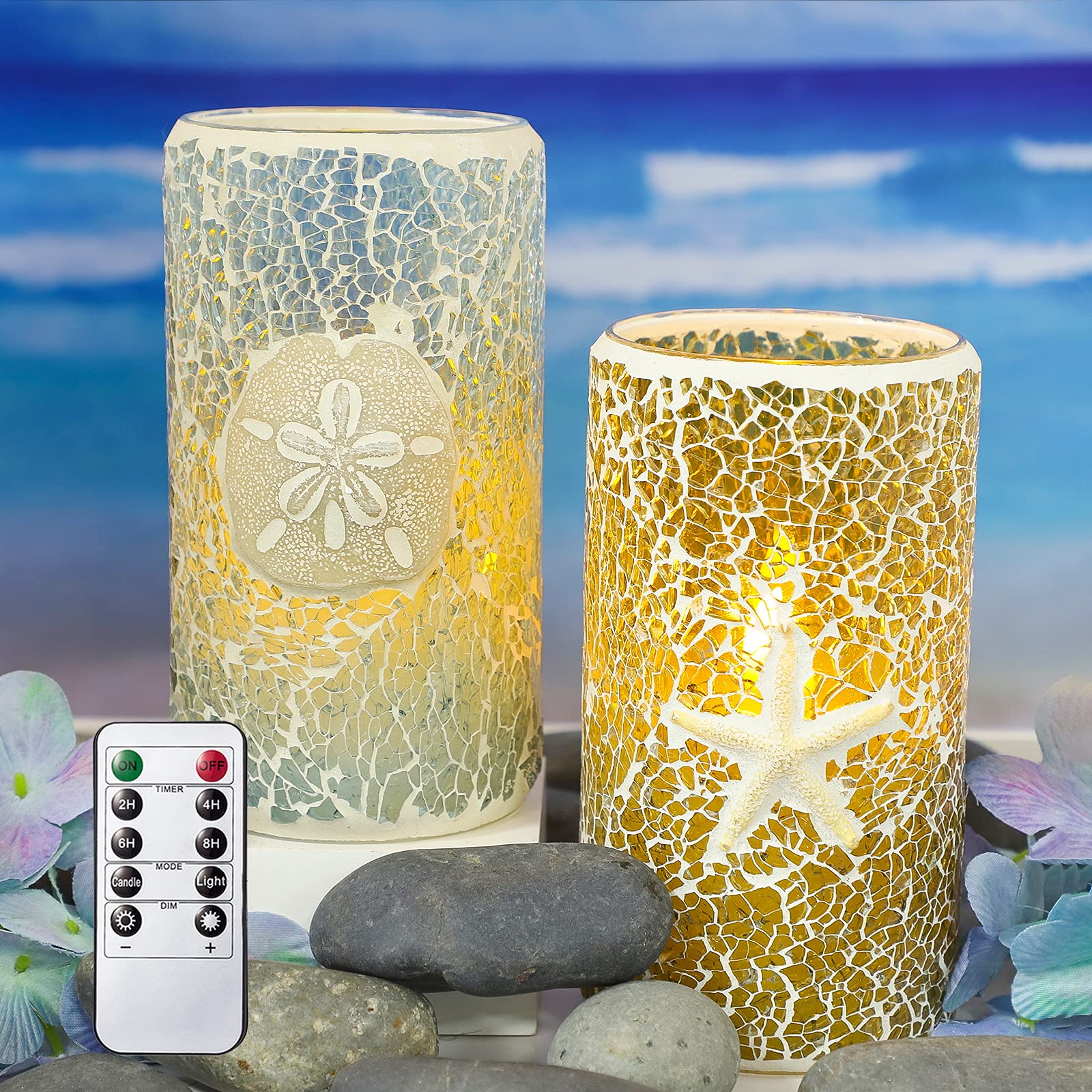Flameless Mosaic Glass Candles - Starfish Sanddollar LED Pillar Candle with Remote for Home Decor & Wedding