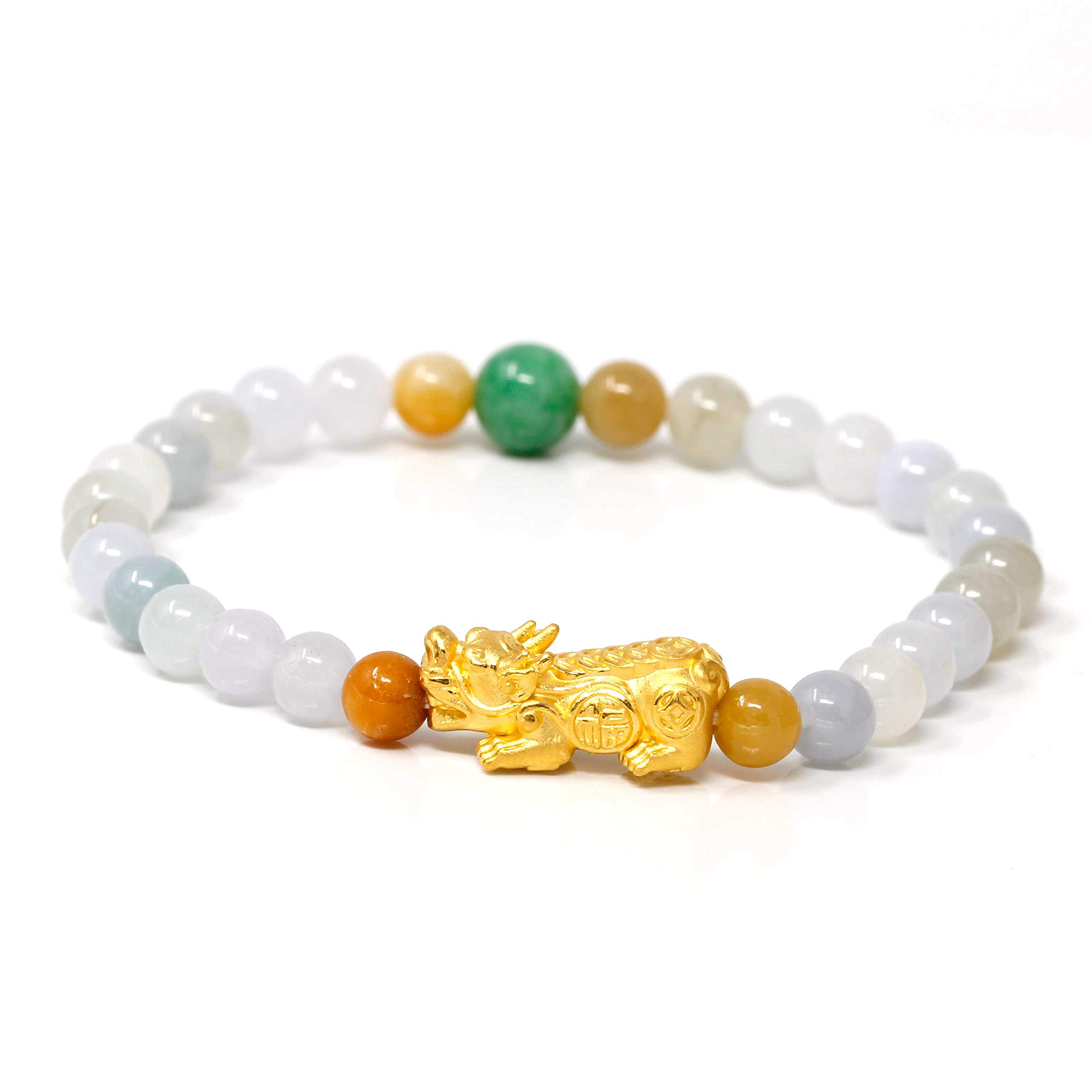 Baikalla Genuine Jadeite Stretch Bead Bracelet with 24K Gold Pixiu Charm - Elegant Adjustable Bangle for Women, Perfect for Daily Wear, Gifts & Feng Shui Blessings