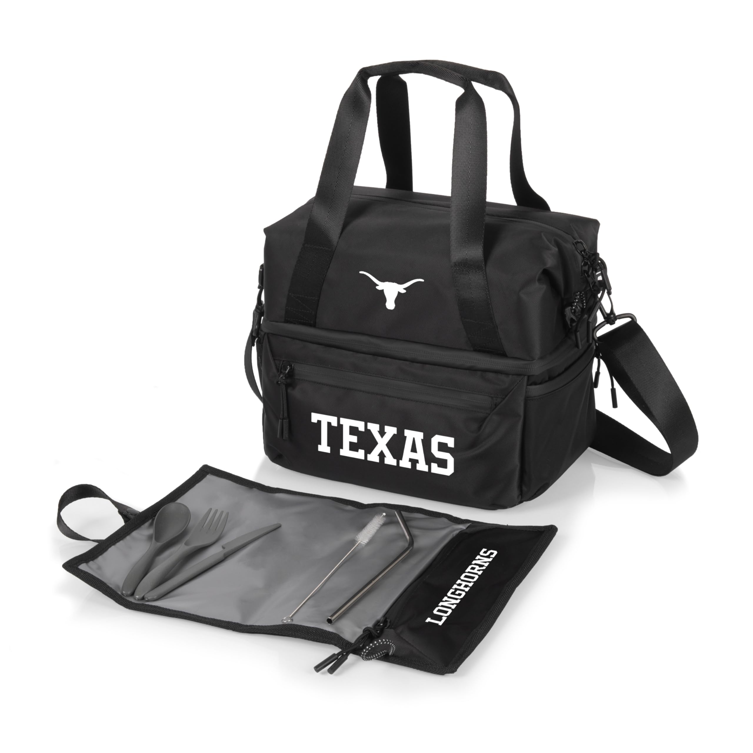 PICNIC TIME NCAA Oklahoma Sooners Insulated Lunch Bag Cooler with Utensils - Recycled Material Lunch Box & Picnic Set - Upcycled Cooler Bag for School, Work, Outdoor, Camping (Carbon Black)