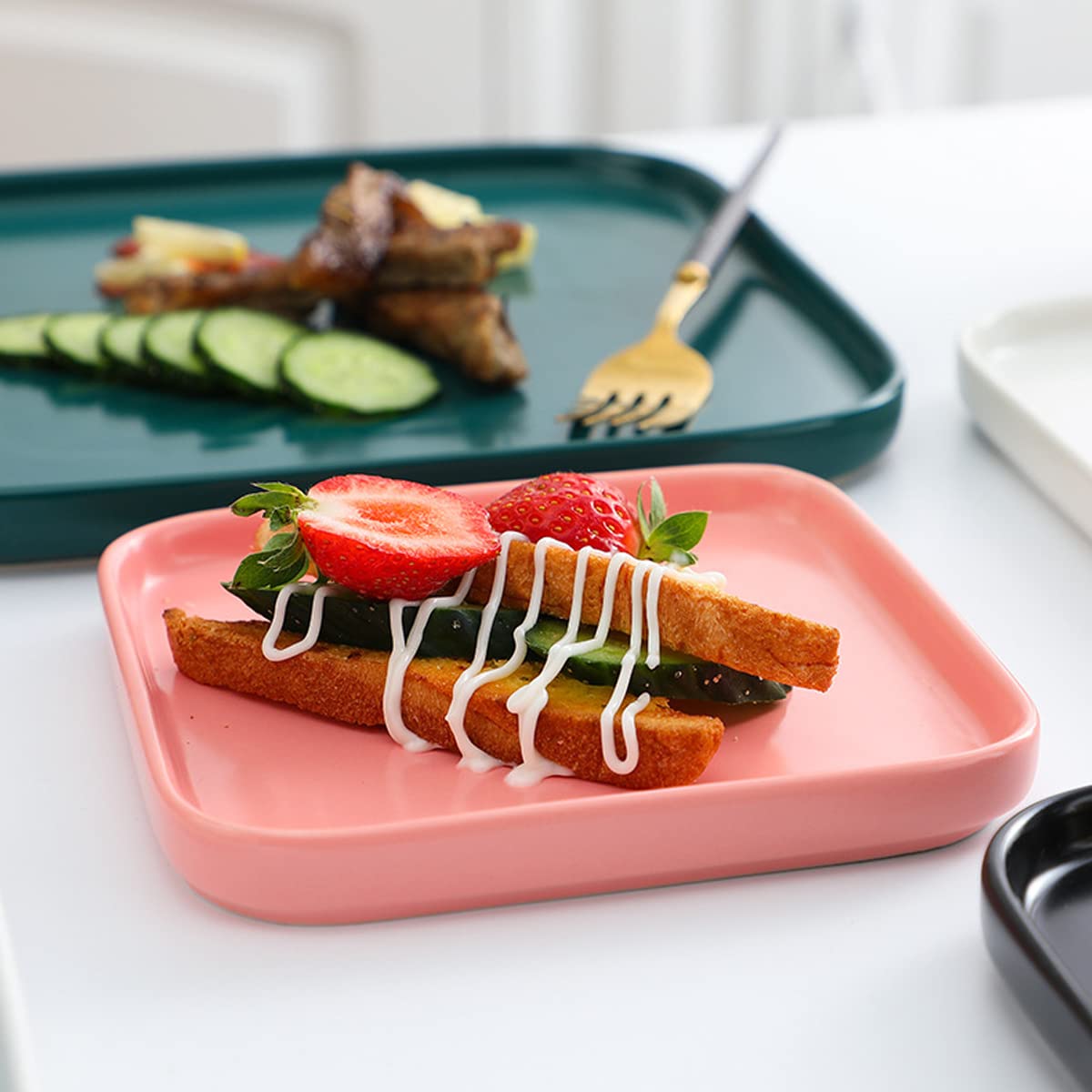 Pink 6-Inch Square Porcelain Dinner Plates, Set of 2 - Microwave & Dishwasher Safe for Kitchen & Restaurant