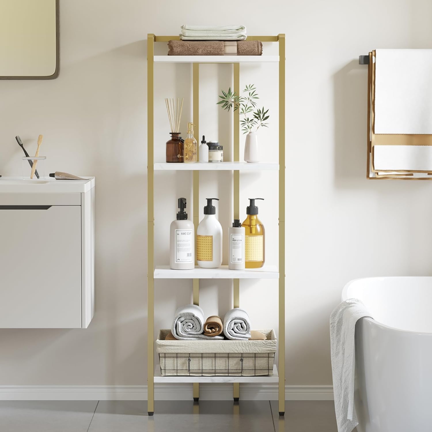 GARVEE 4-Tier Ladder Shelf - Gold Metal Frame with Marble Finish MDF Board, Adjustable Legs - Perfect for Living Room Storage, Home Office Organization & Kitchen Decor