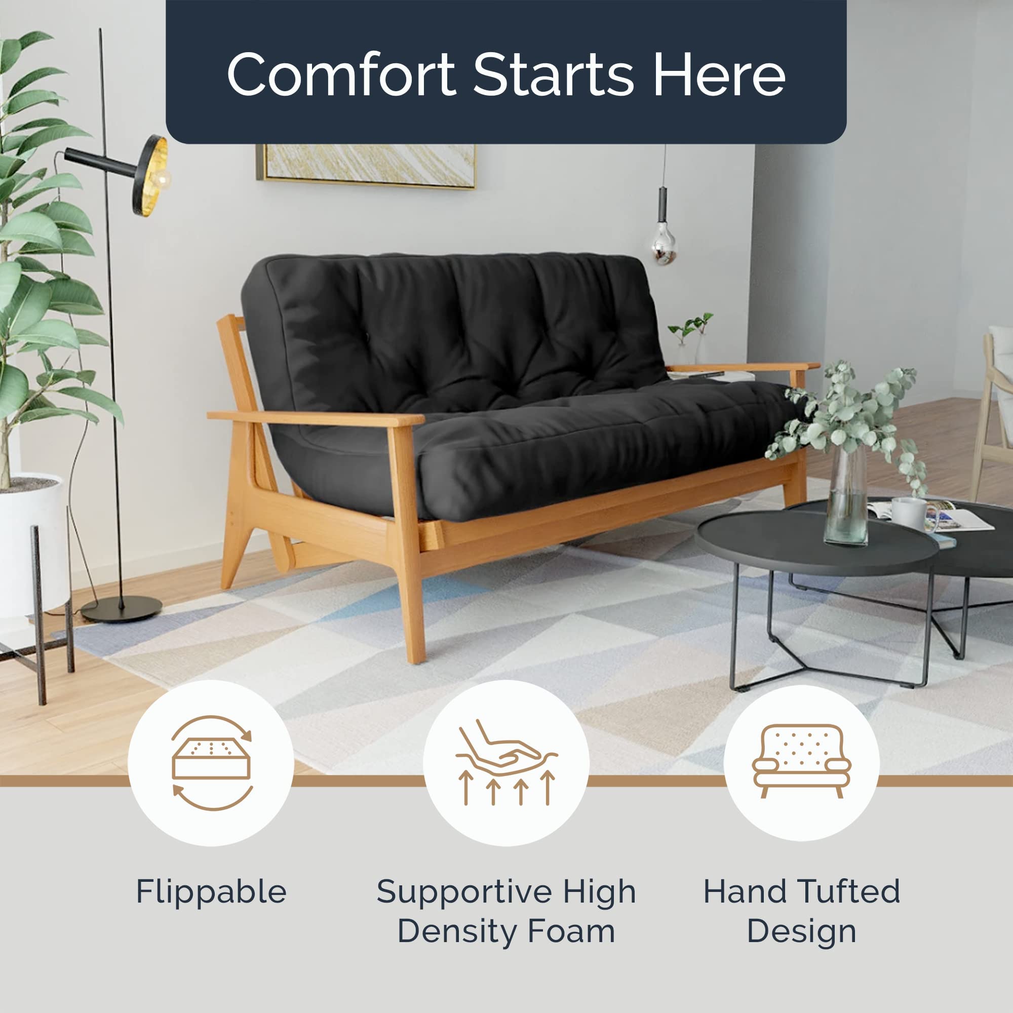Loosh Queen Size Sofa Bed Futon Mattress - 6 Inch Thick, Black, Made in USA (Frame Not Included) - Perfect for Small Spaces, Guest Rooms & Apartments