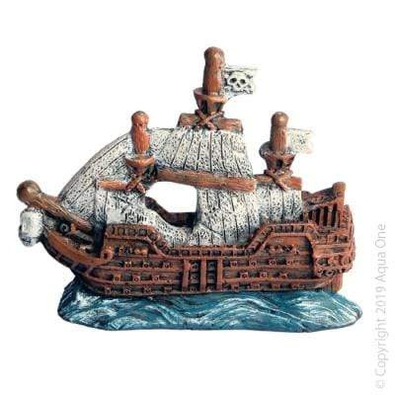Aqua One Mini Pirate Ship Aquarium Decor - 10.5 x 3 x 8.5 Inches Underwater Treasure Theme for Fish Tank, Home & Office Decoration | Perfect for Betta Fish, Goldfish & Tropical Aquariums
