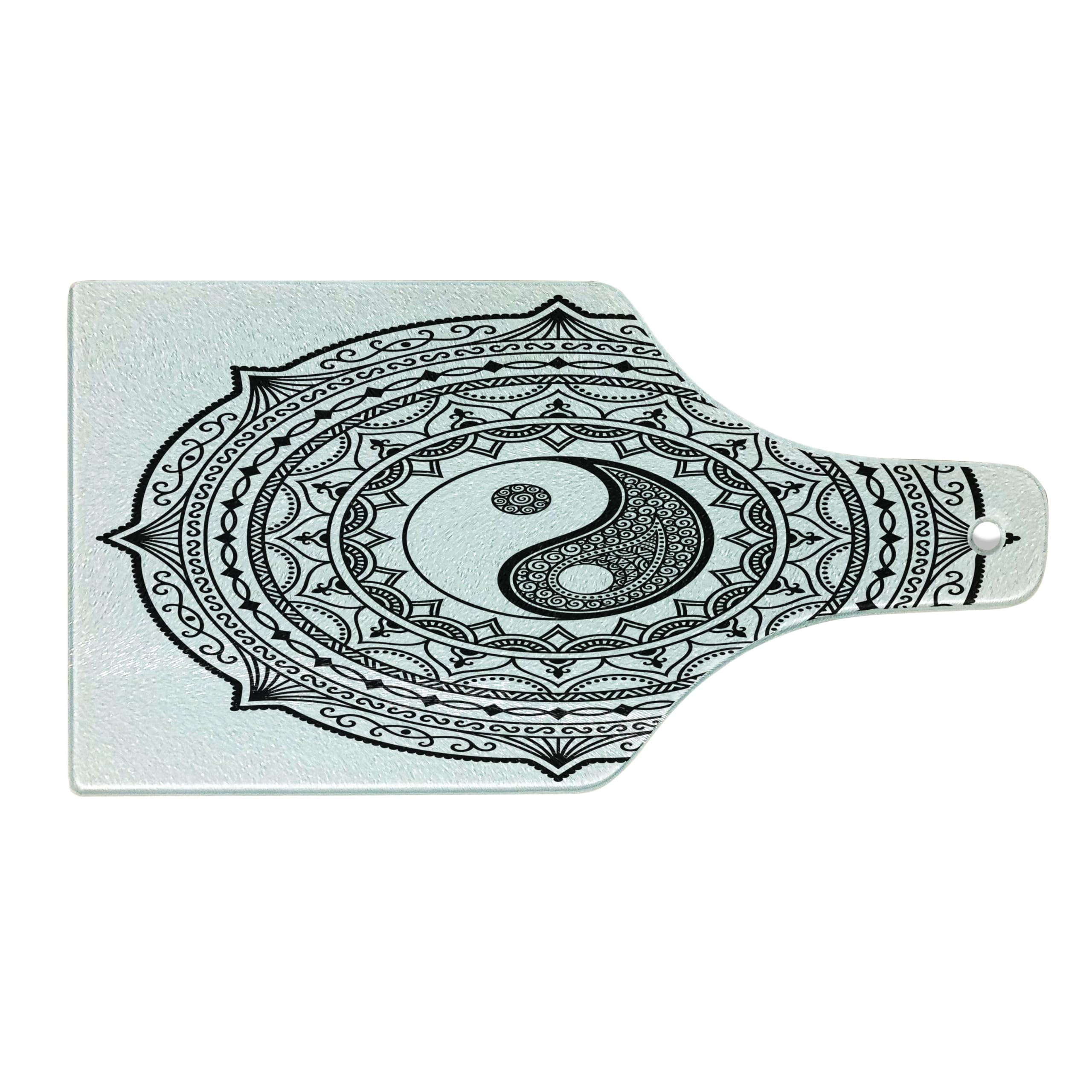 Ambesonne Yin Yang Cutting Board - Circular Mandala Design with Paisley Motif & Karma Cosmos Symbol - Tempered Glass Serving Board for Kitchen & Entertaining - Wine Bottle Shape in Black & White - Perfect for Cheese Platters, Charcuterie & Wine Pairing