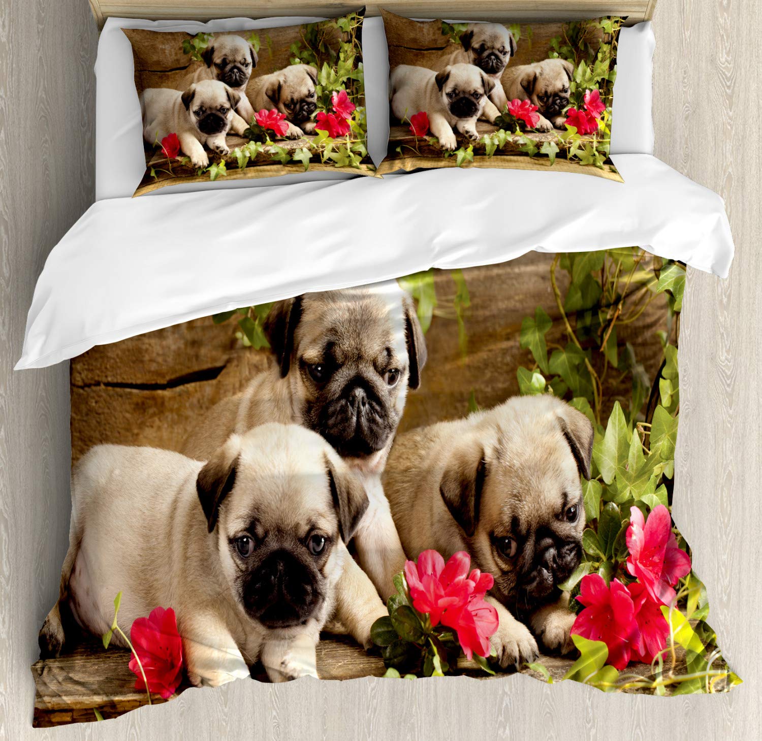 Ambesonne Pug Duvet Cover Set - Queen Size 2-Pack with 2 Duvet Covers & 4 Pillowcases, Sibling Puppies Floral Design on Wooden Backdrop in Fern Green & Eggshell - Perfect for Dog Lovers' Bedroom Decor, Guest Room, or Cozy Pet-Themed Home