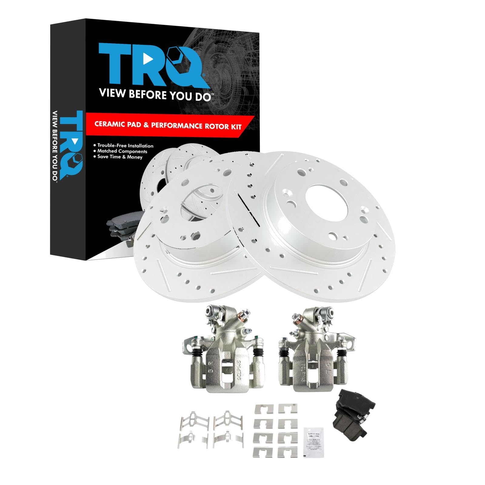 TRQ Rear Performance Brake Pad & Rotor Kit - Ceramic Solid Premium G-Coated - Compatible with 2013-2015 Acura ILX & 2006-2015 Honda Civic - Smooth Stopping Power for City Driving & Highway Safety