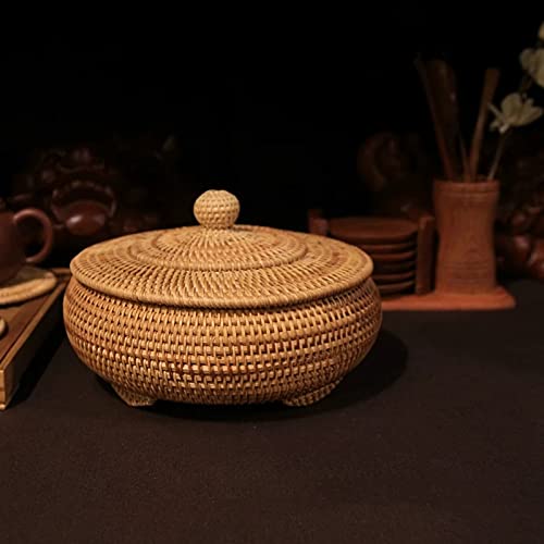 Hand-Woven Rattan Storage Basket with Lid - Round Woven Storage Box for Jewelry, Snacks & Tea Set (22x13cm/28x14cm) - Natural Home Organization for Bedroom, Bathroom & Living Room Decor