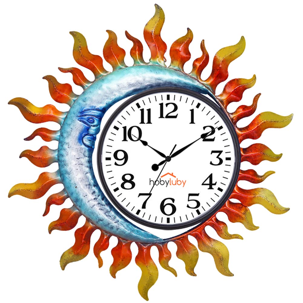 Sun-Moon Outdoor Wall Clock - Silent Non-Ticking Weatherproof Clock for Patio, Garden, Living Room & Home Decor | Perfect for Outdoor Spaces, Backyard & Indoor Wall Decor