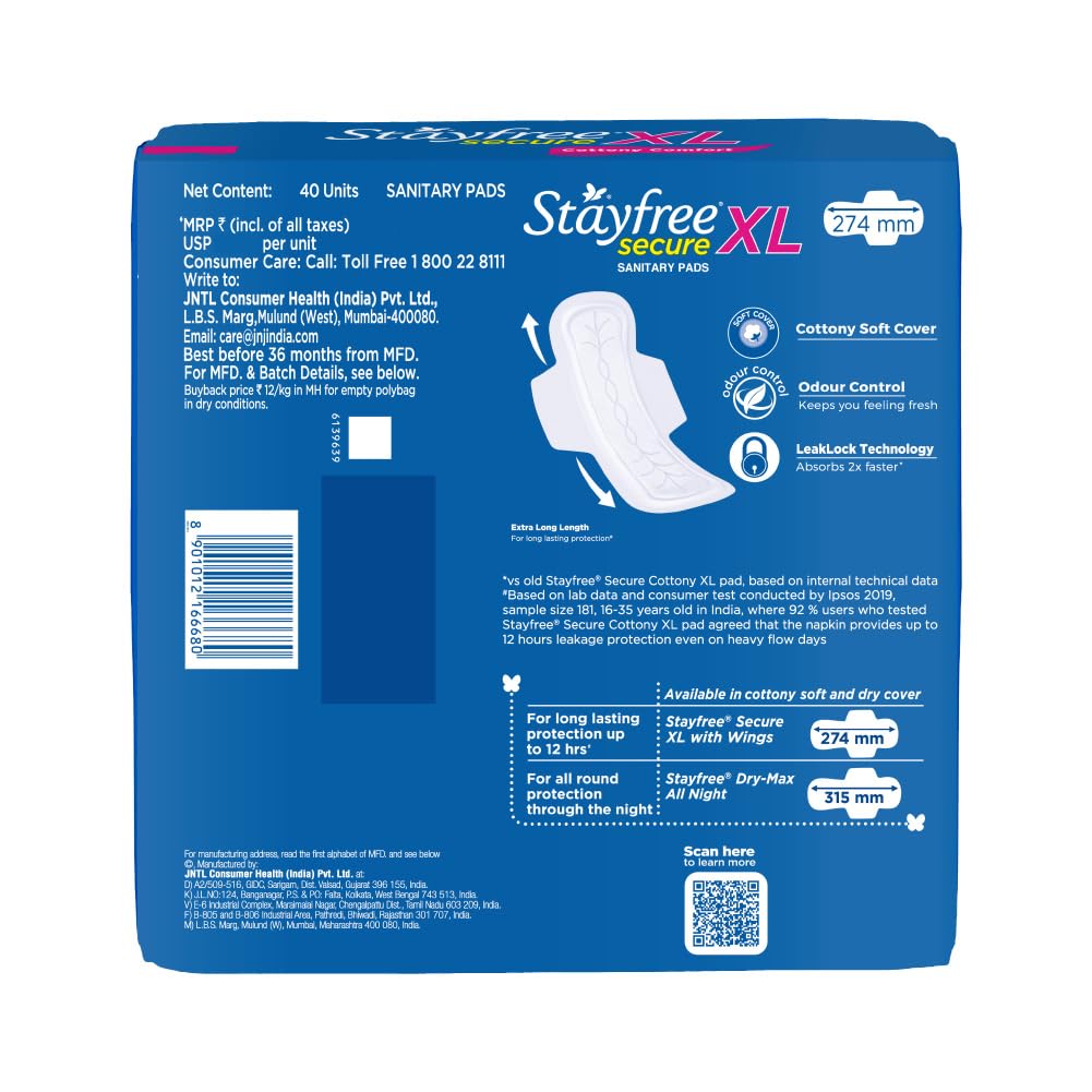 Stayfree Secure Extra Large Cottony Soft Cover Sanitary Pads with Wings for Women - 40 Count | Ultra Absorbent for Heavy Flow | Day & Night Protection for Active Lifestyles