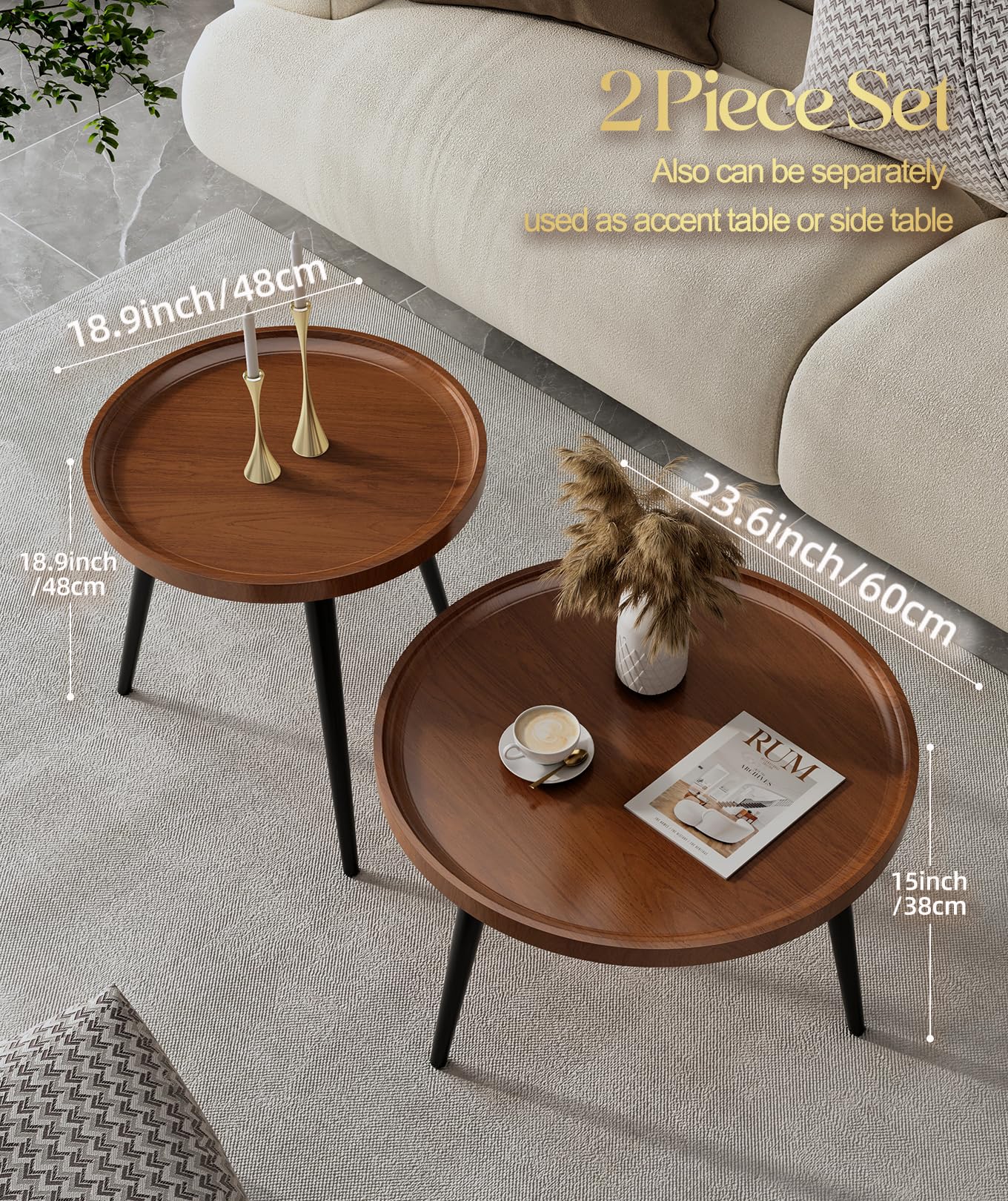 2-Piece Mid Century Modern Round Walnut Coffee Table Set - Easy Assembly Nesting Living Room Tables - Small Circle Side Tables for Sofa, Bedside, Office & Balcony - Perfect for Small Spaces & Home Decor
