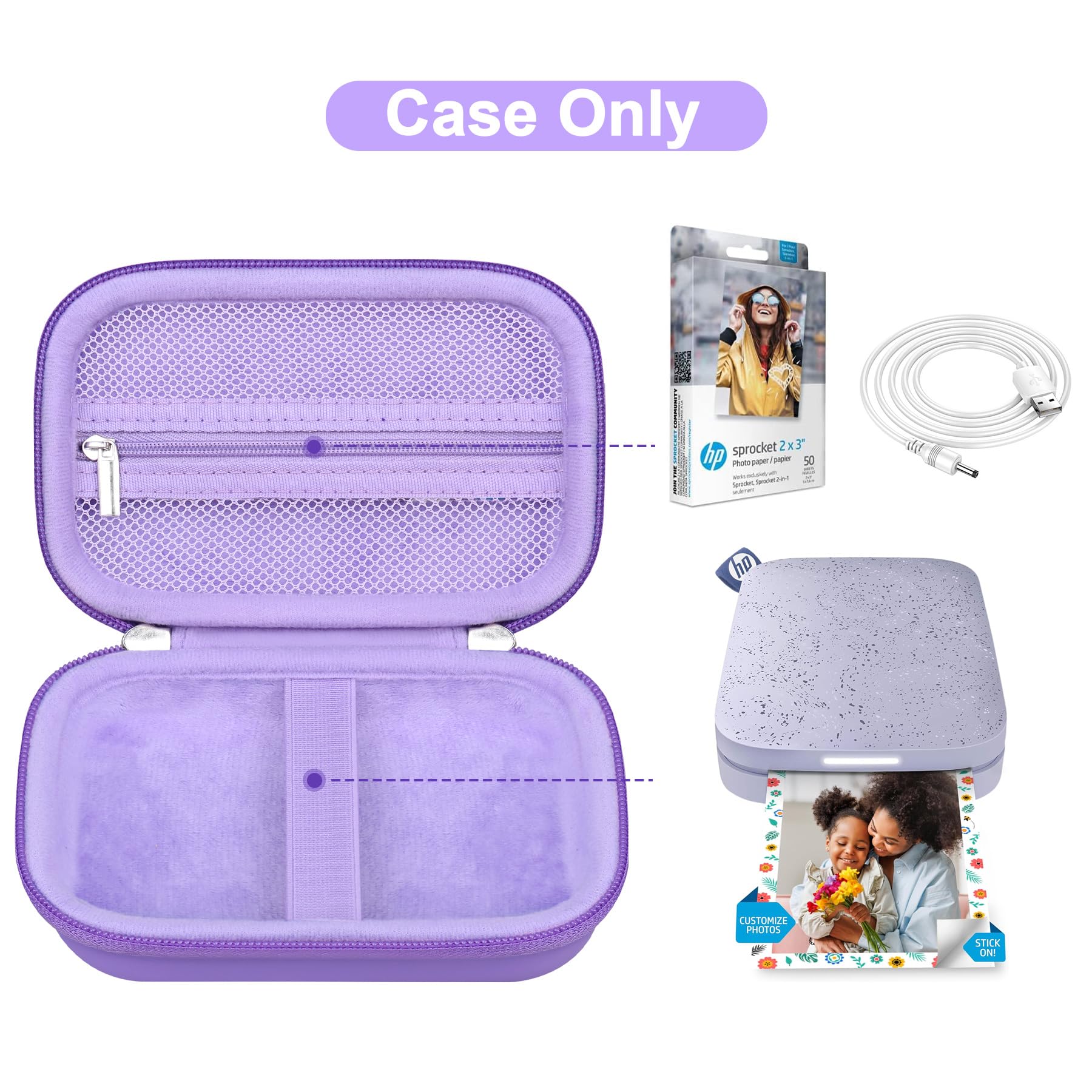 Canboc Protective Carrying Case for HP Sprocket & Kodak Step Wireless Photo Printers - Durable Zippered Mesh Pouch Fits 2x3 Photo Paper & Cables (Purple) - Perfect for Travel, Parties & On-the-Go Printing
