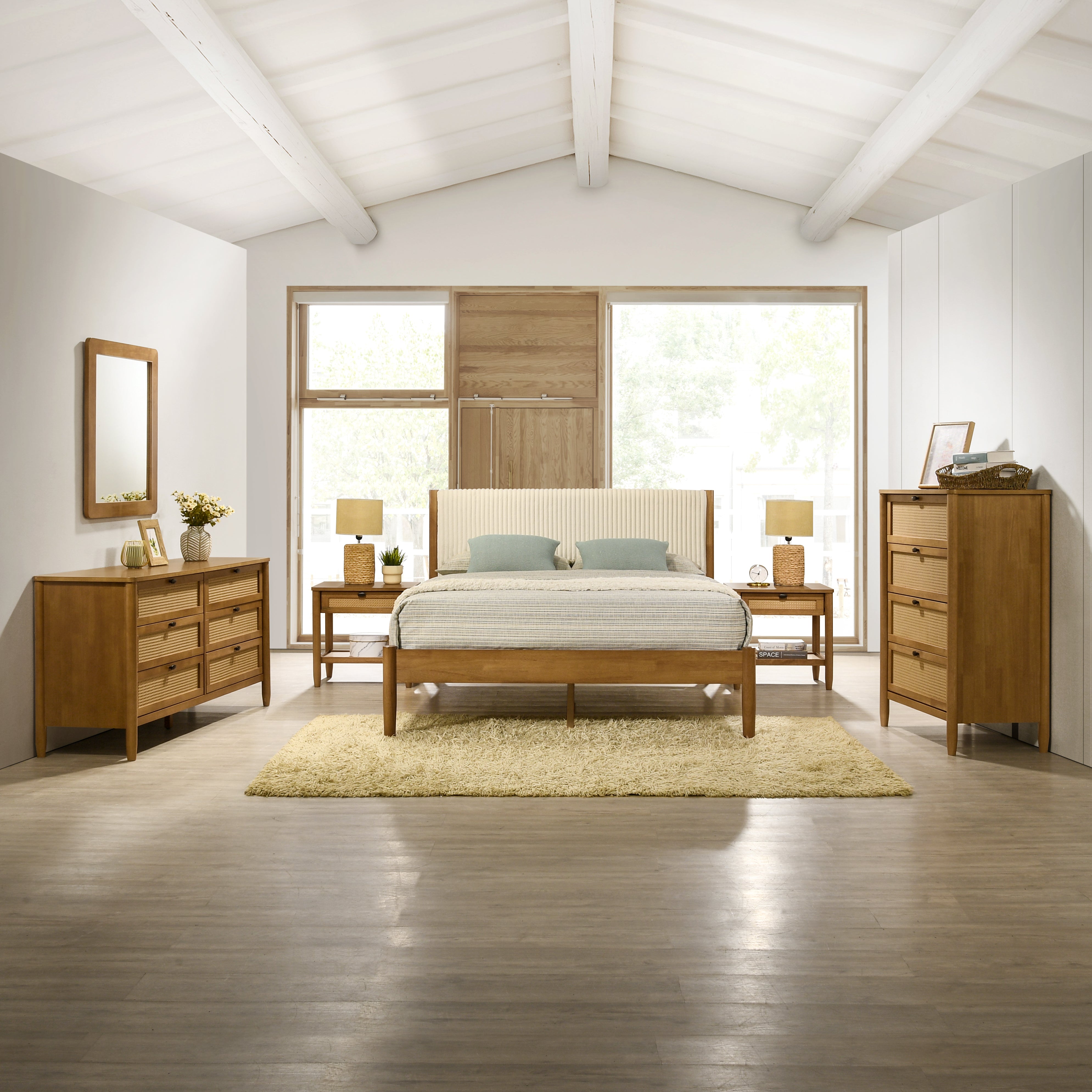 Roundhill Furniture Vichy Rattan Bedroom Set - Queen Size Light Walnut Finish Wicker Bed Frame & Nightstands - Perfect for Coastal, Boho & Farmhouse Style Bedrooms
